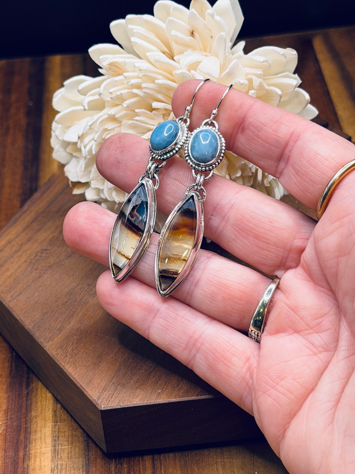Montana Agate and Owyhee Blue Opal Earrings