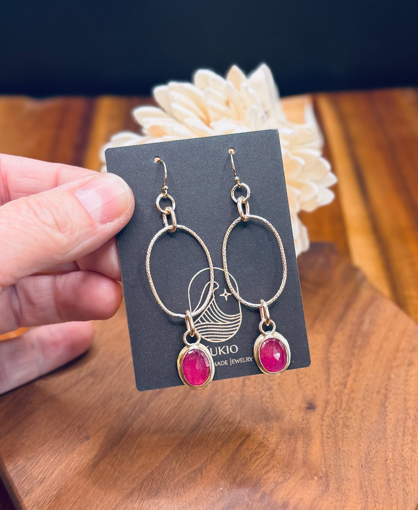 Gold Fill Pink Sapphire Oblong Hoops