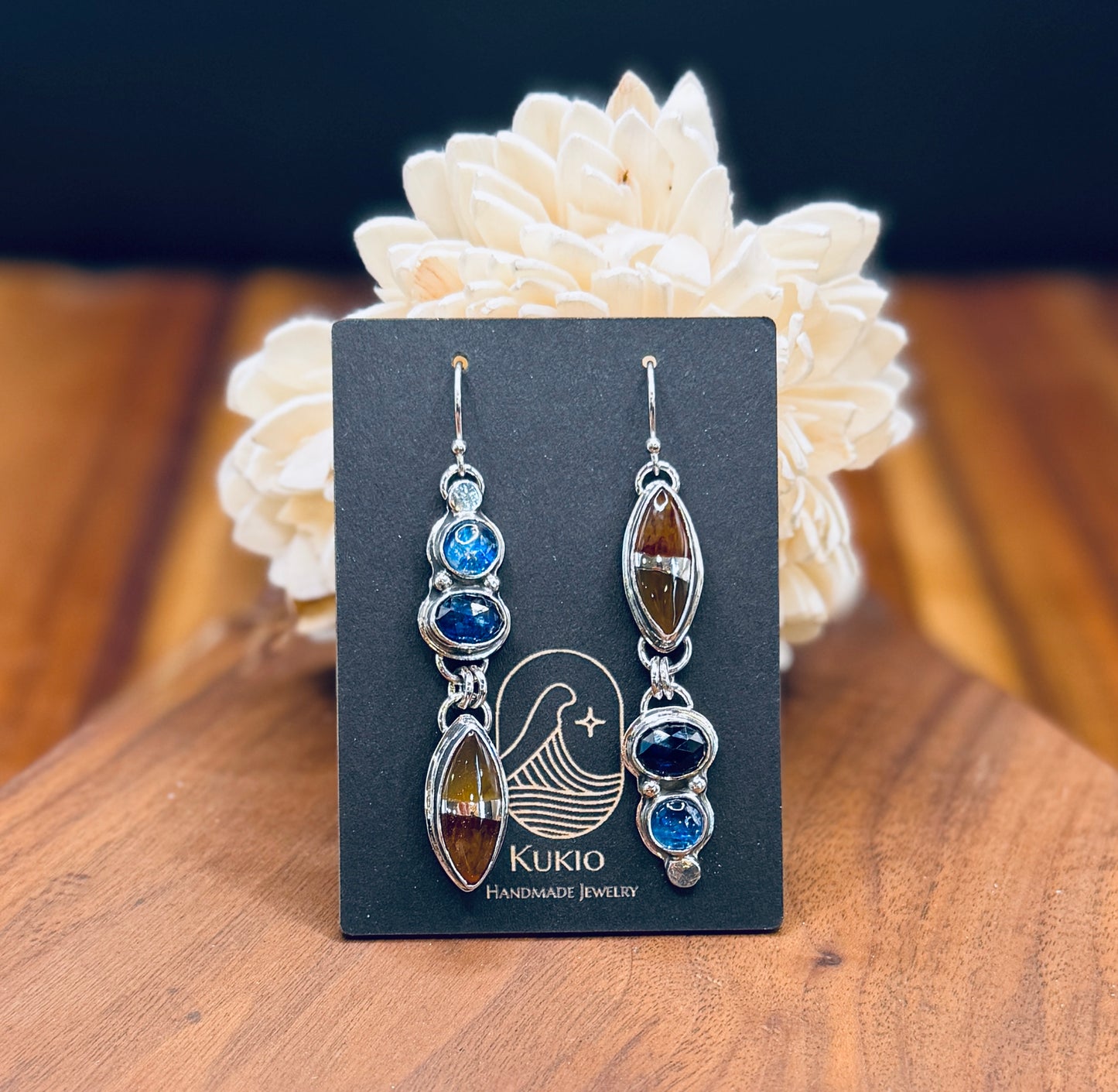 Sterling Silver Kintarsia Stone and Blue Kyanite Earrings
