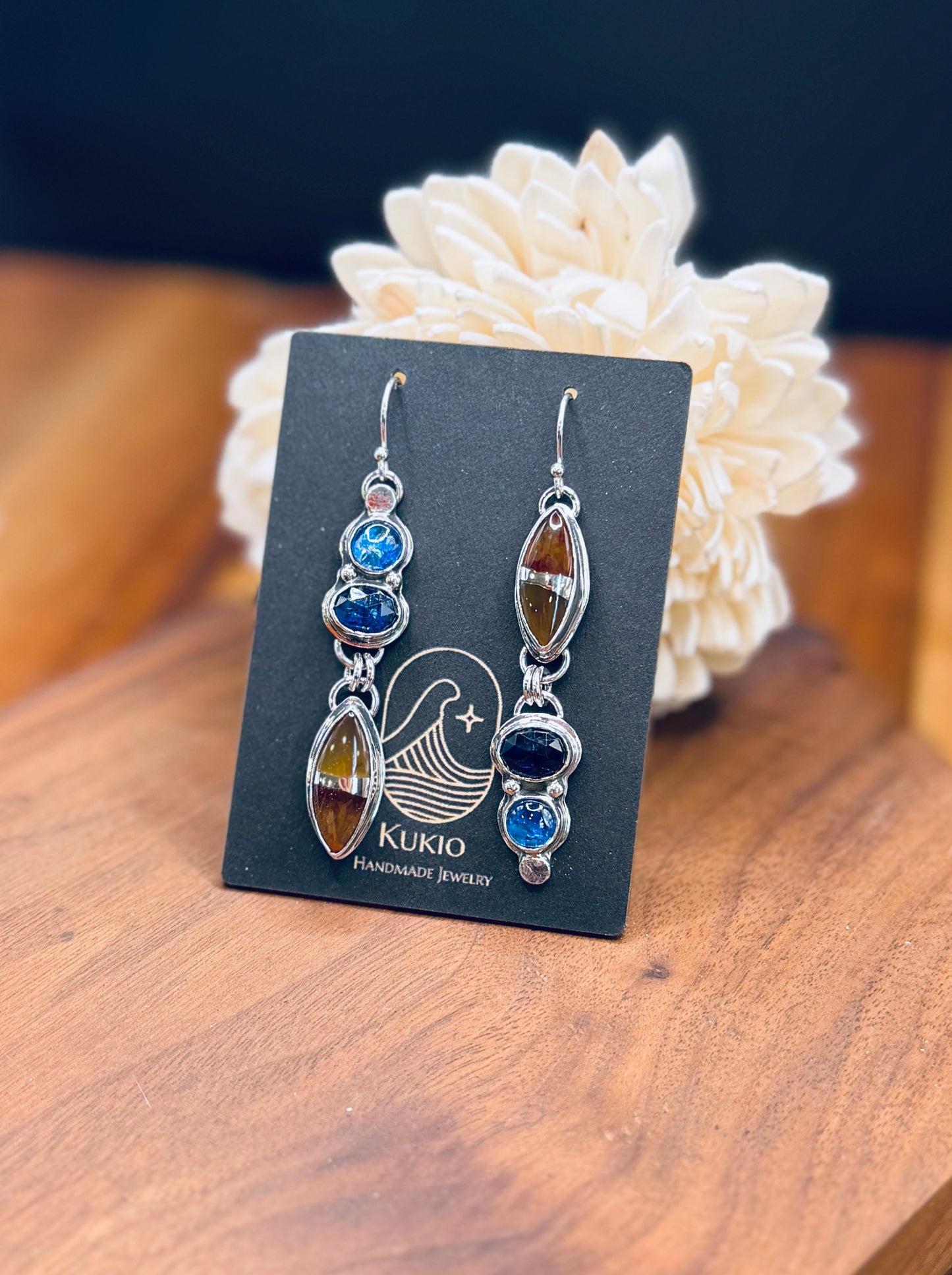 Sterling Silver Kintarsia Stone and Blue Kyanite Earrings