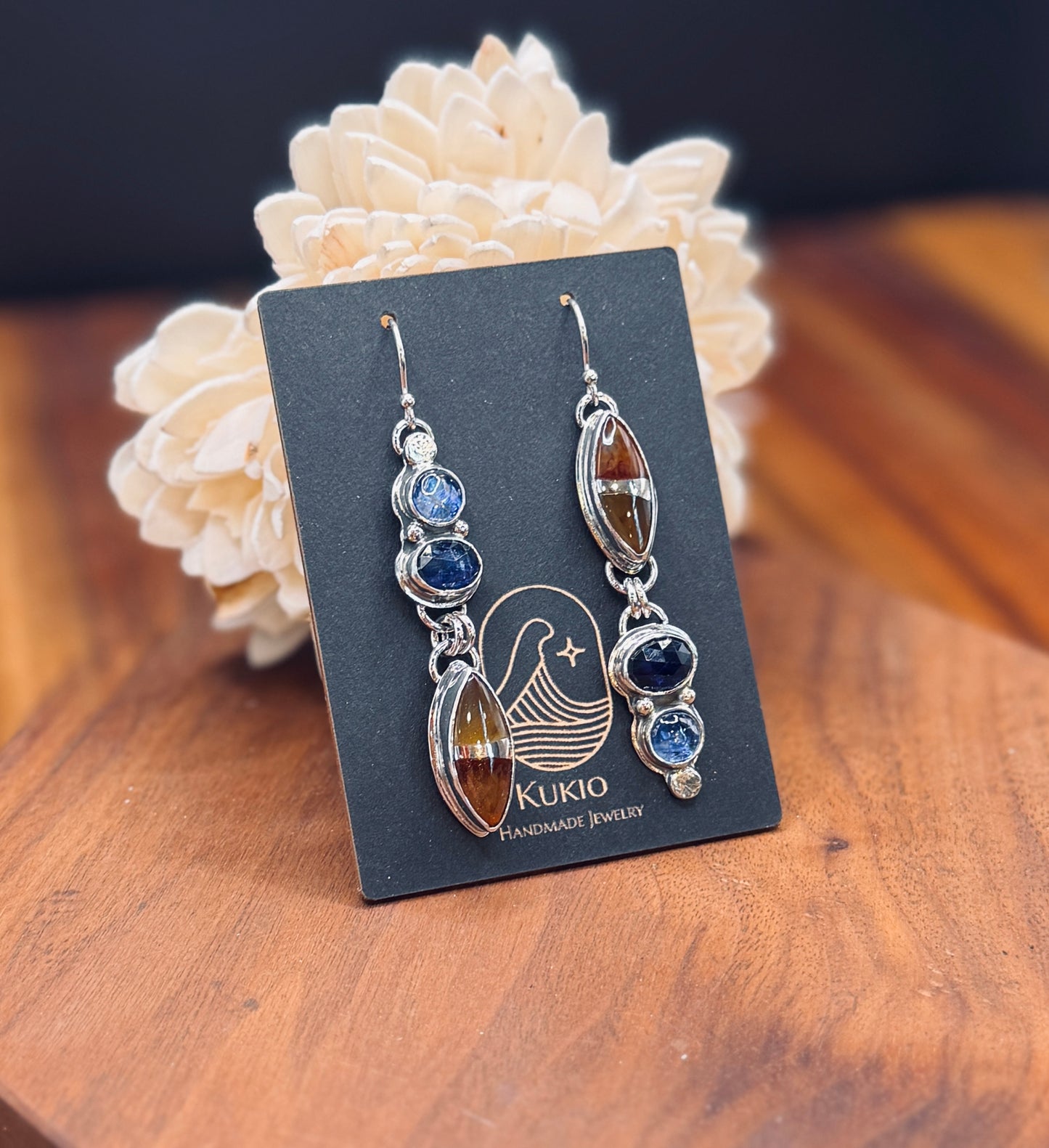 Sterling Silver Kintarsia Stone and Blue Kyanite Earrings