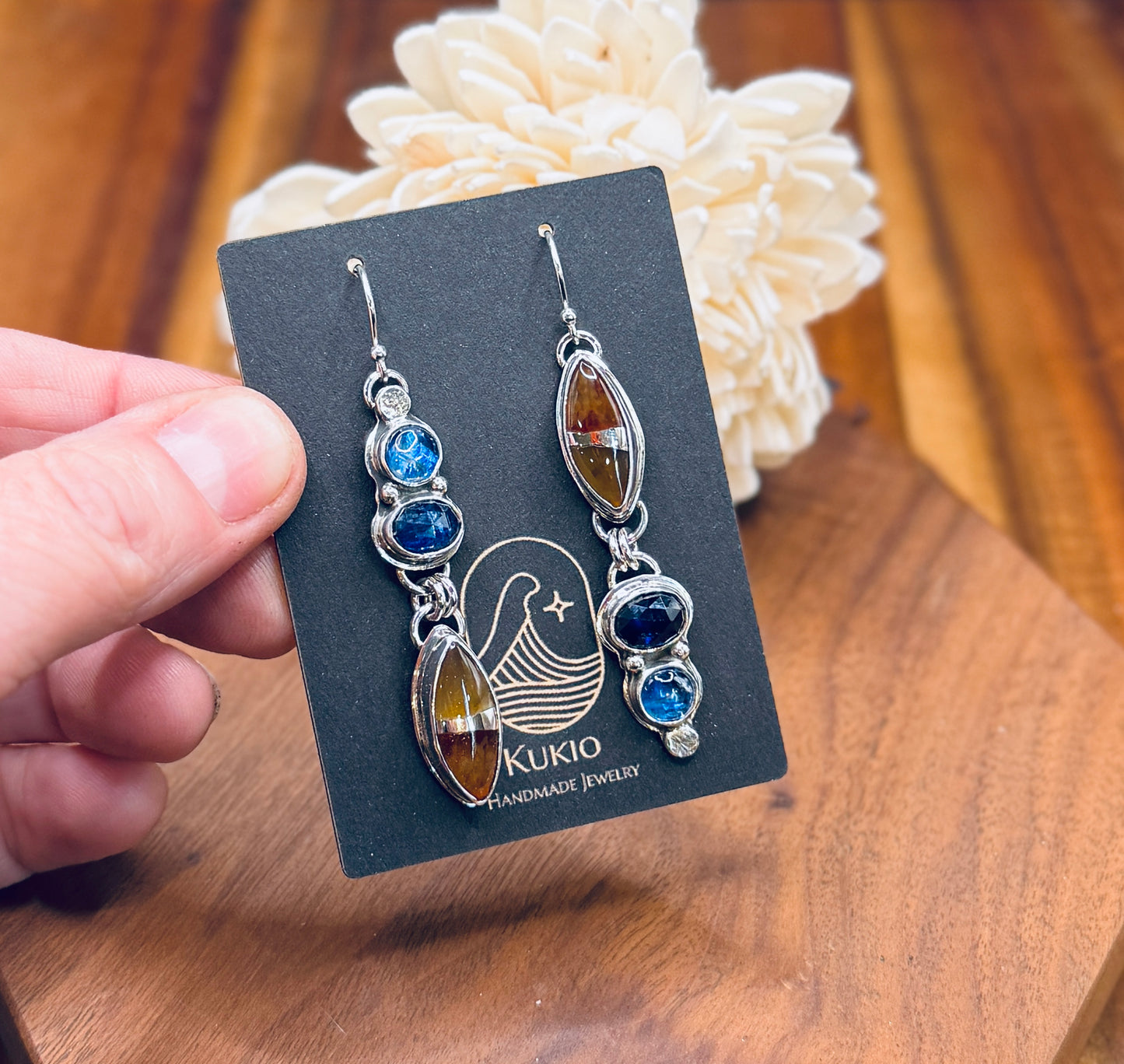 Sterling Silver Kintarsia Stone and Blue Kyanite Earrings