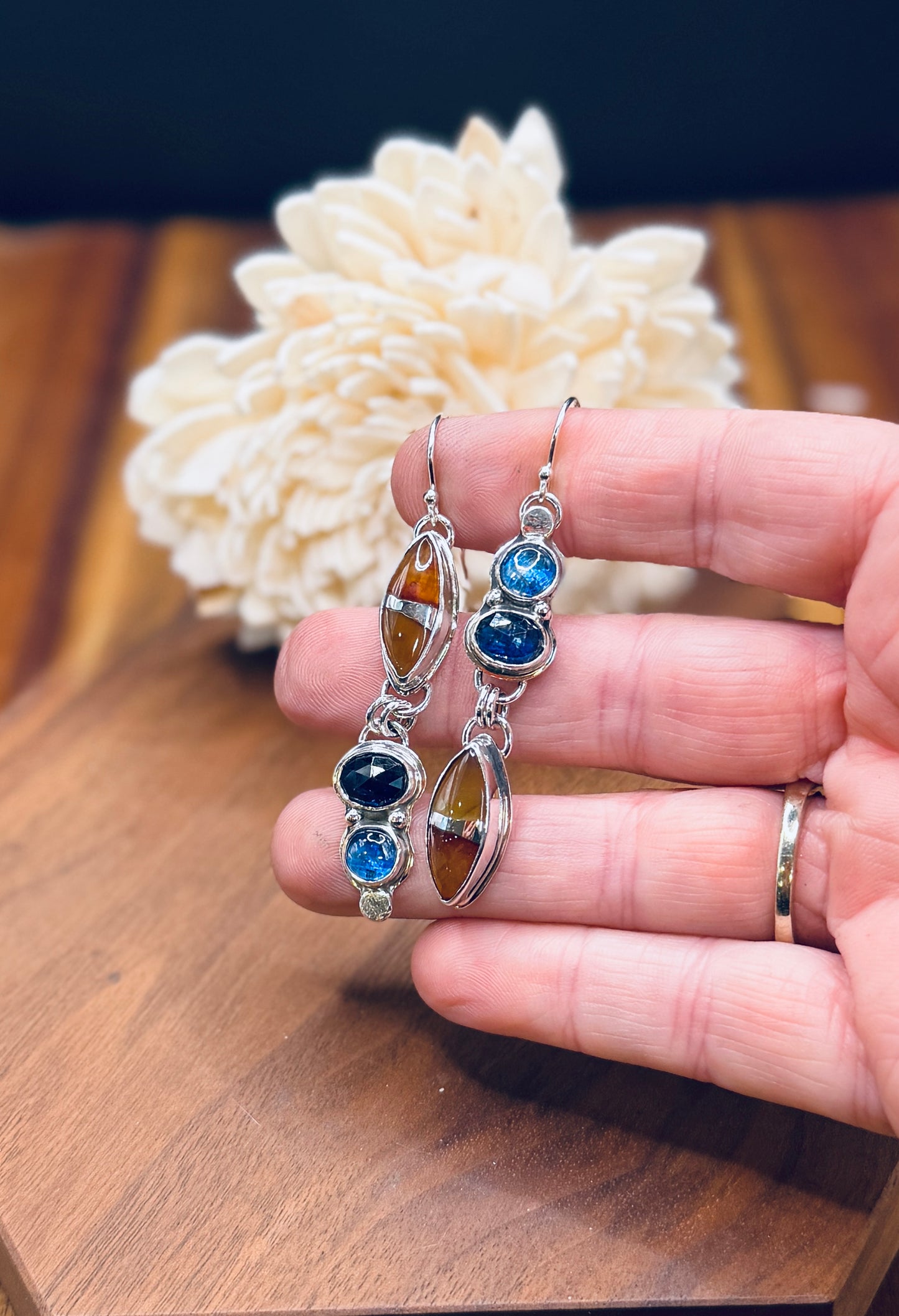 Sterling Silver Kintarsia Stone and Blue Kyanite Earrings