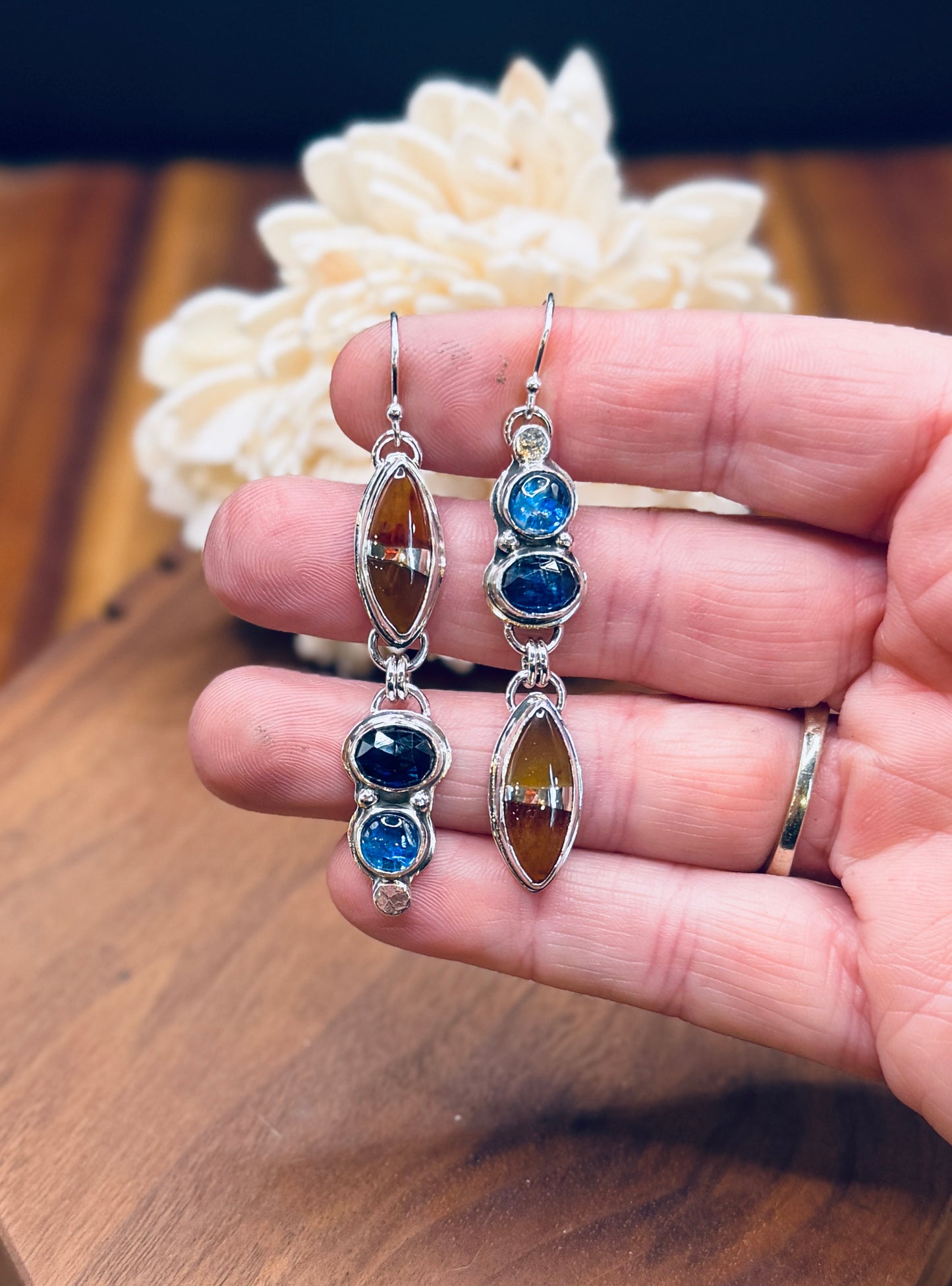 Sterling Silver Kintarsia Stone and Blue Kyanite Earrings