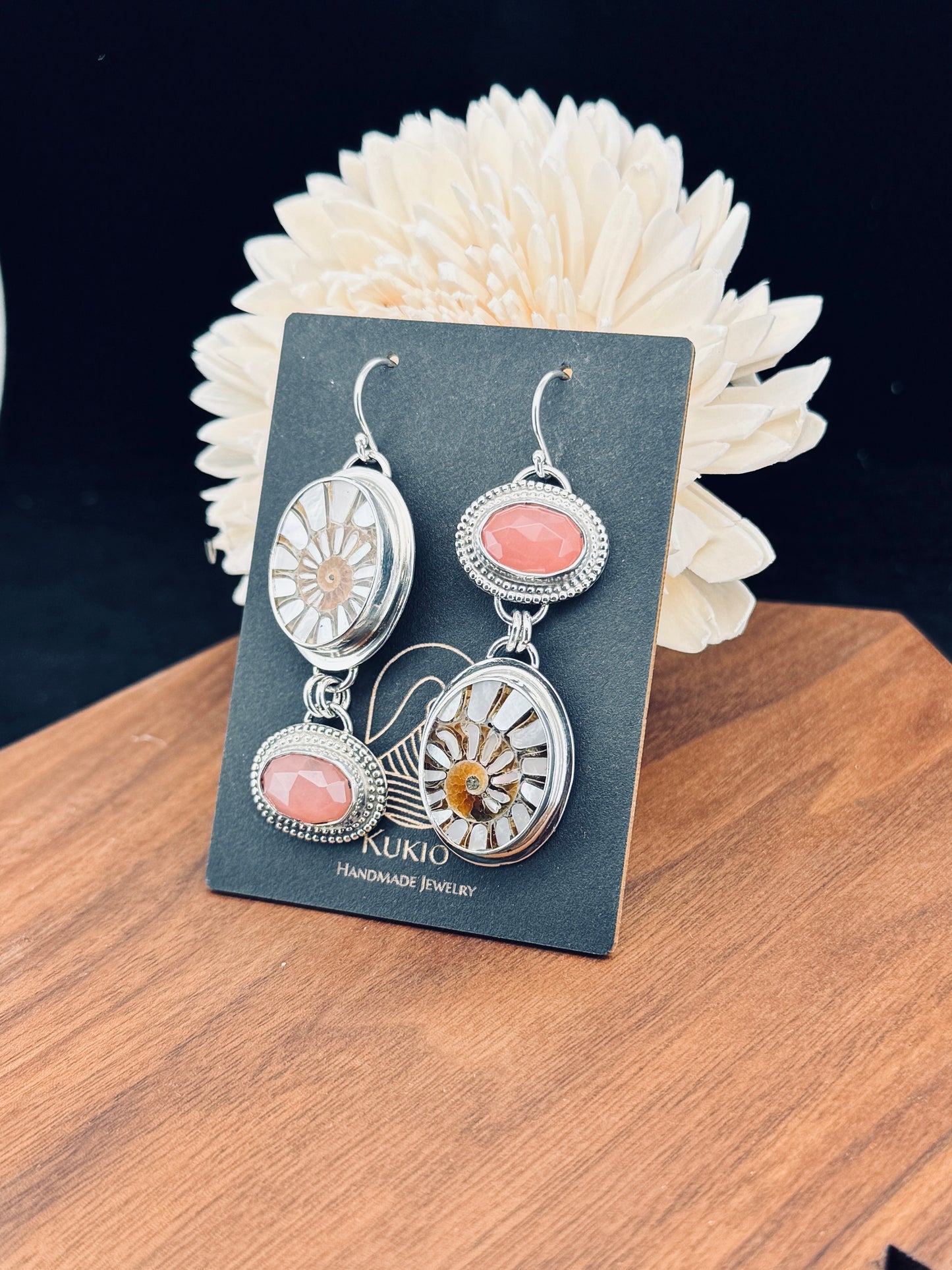 Sterling Silver Ammonite with MOP Inlay and Guava Quartz Earrings