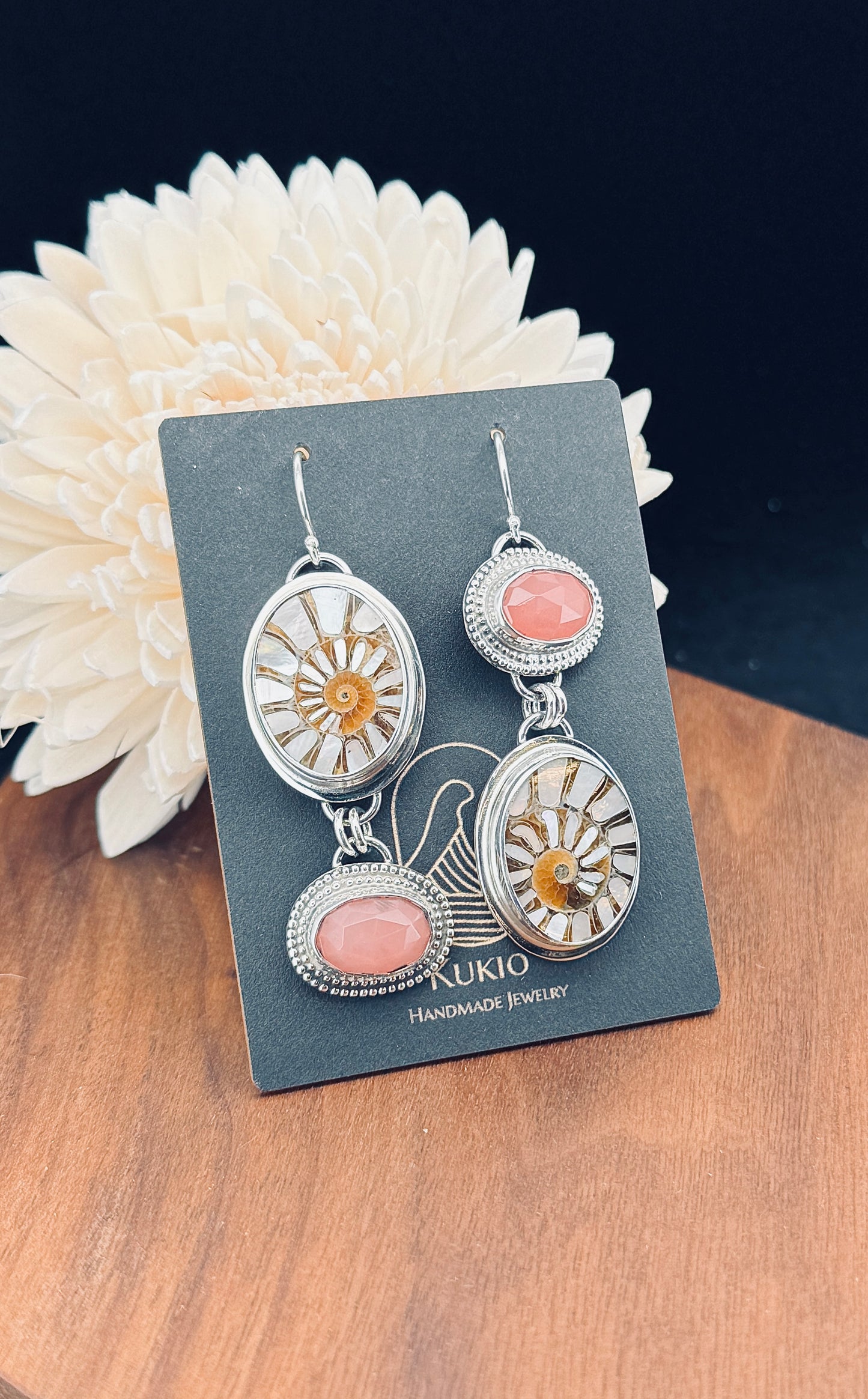 Sterling Silver Ammonite with MOP Inlay and Guava Quartz Earrings