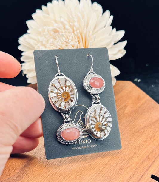 Sterling Silver Ammonite with MOP Inlay and Guava Quartz Earrings