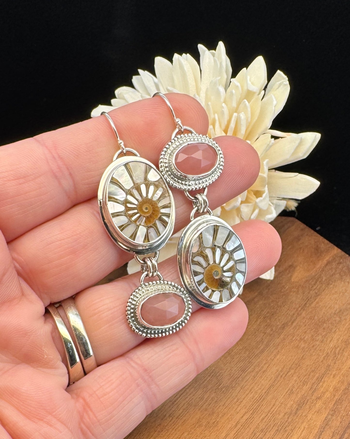 Sterling Silver Ammonite with MOP Inlay and Guava Quartz Earrings