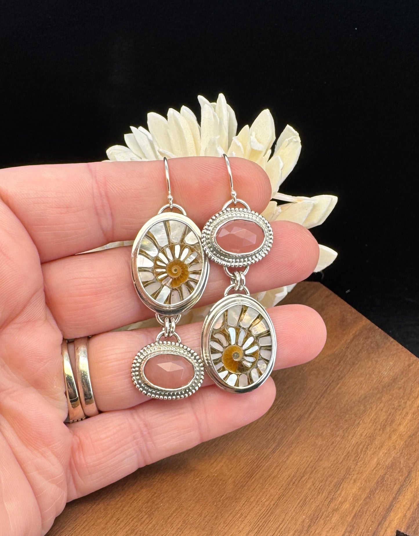 Sterling Silver Ammonite with MOP Inlay and Guava Quartz Earrings