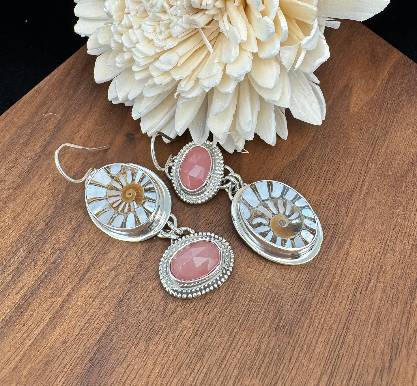 Sterling Silver Ammonite with MOP Inlay and Guava Quartz Earrings