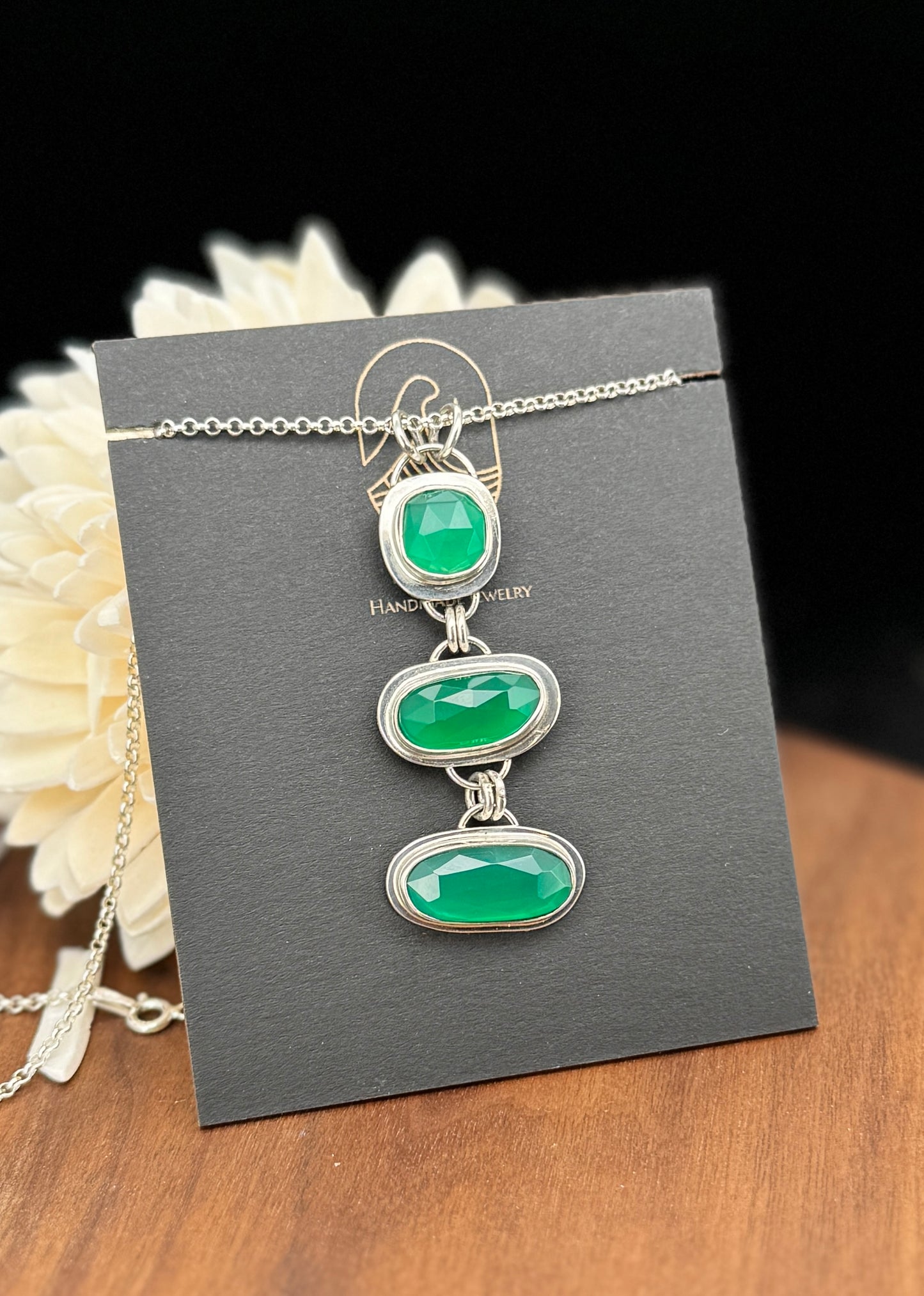 Triple Green Onyx Sterling Silver Pendant Necklace