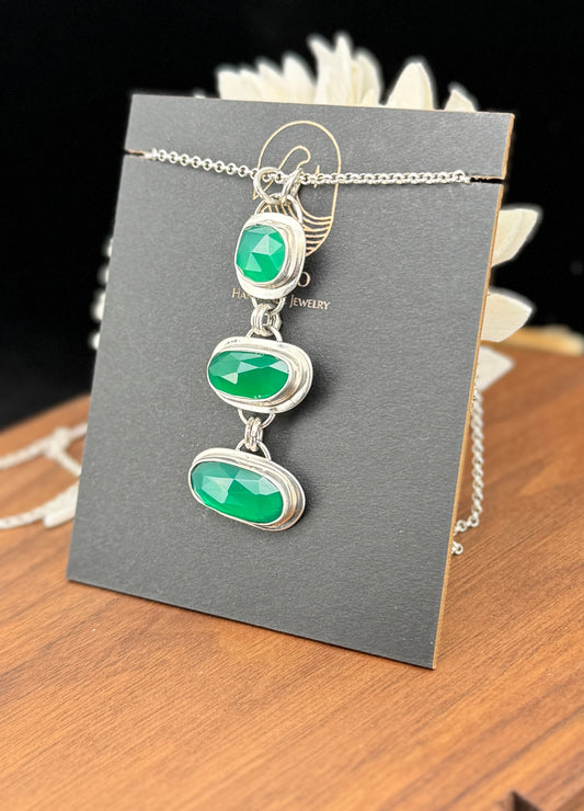 Triple Green Onyx Sterling Silver Pendant Necklace
