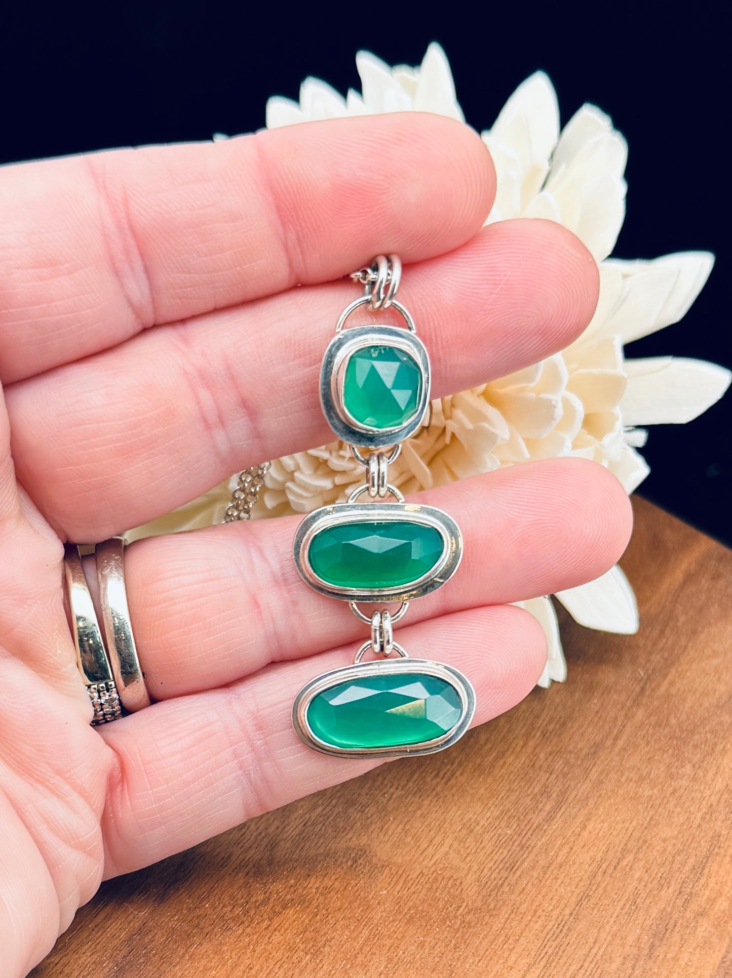 Triple Green Onyx Sterling Silver Pendant Necklace