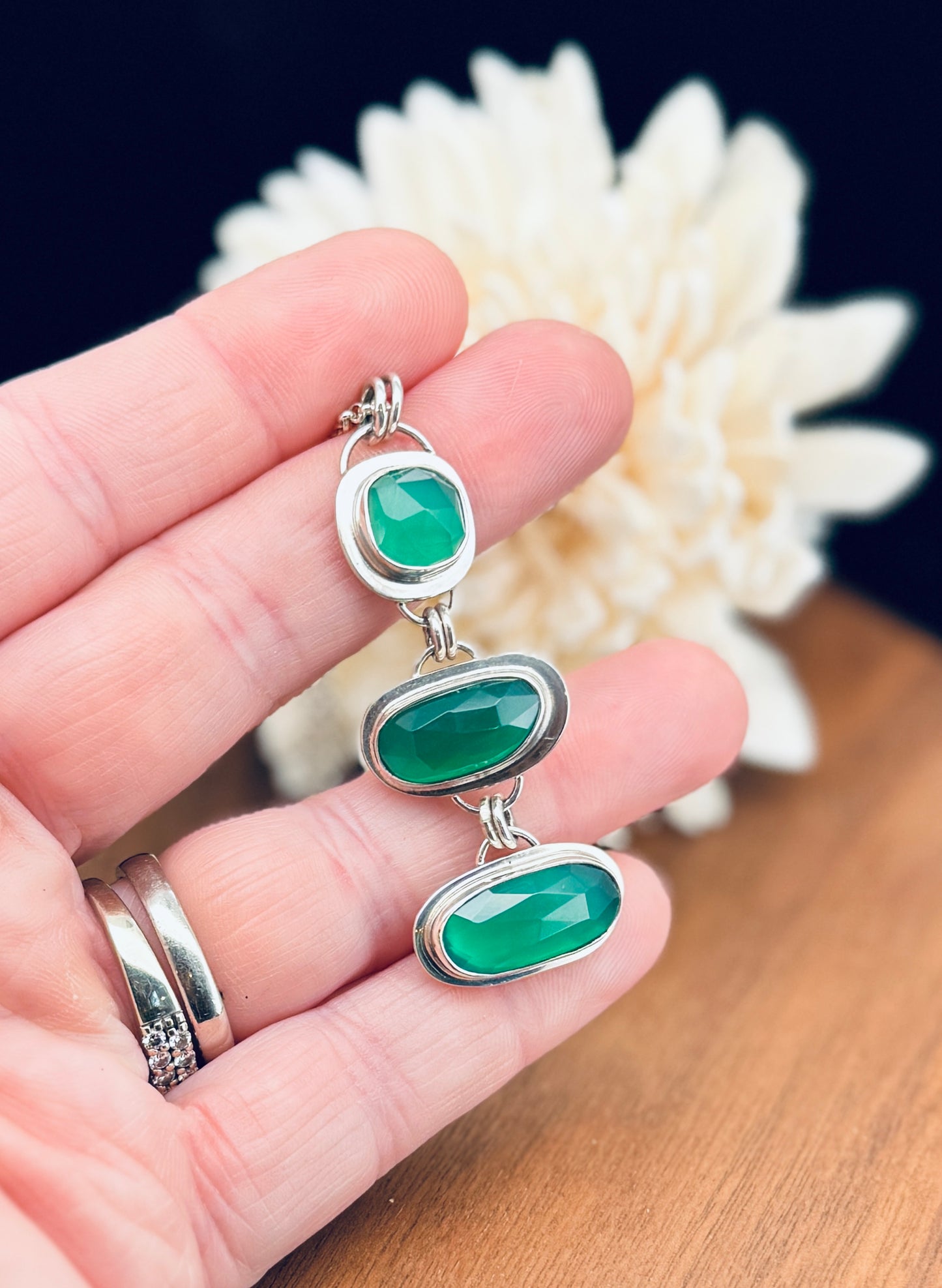 Triple Green Onyx Sterling Silver Pendant Necklace