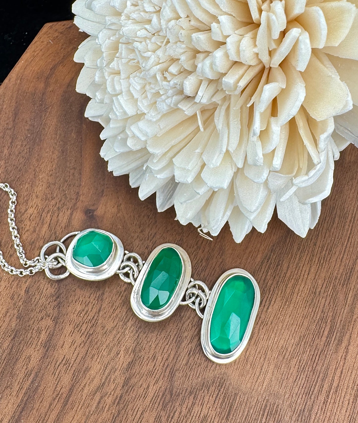 Triple Green Onyx Sterling Silver Pendant Necklace