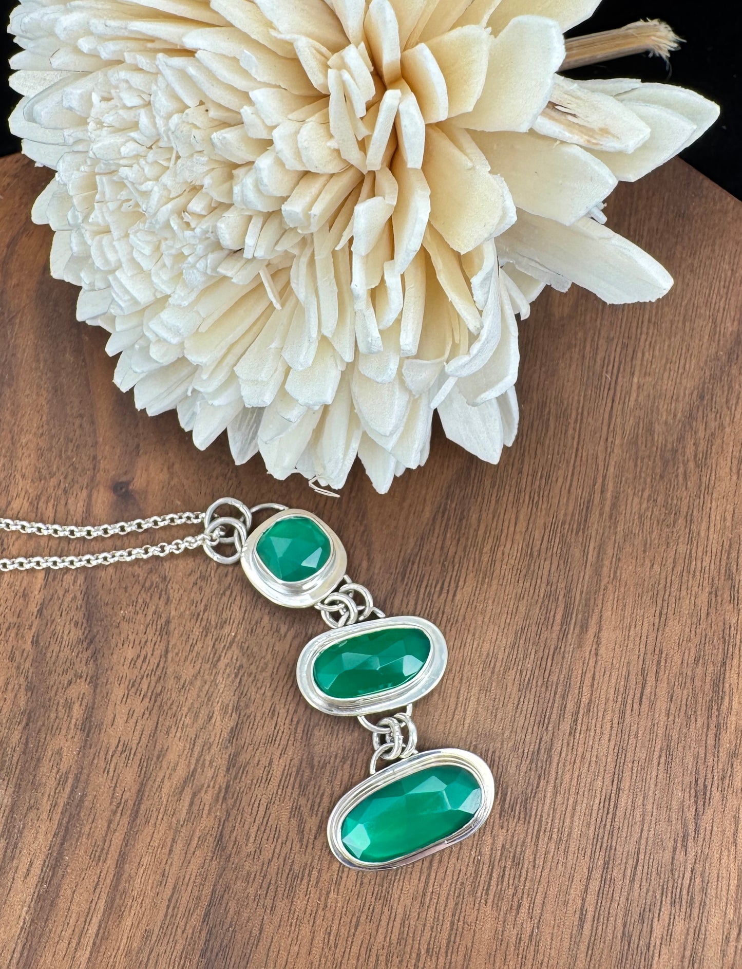 Triple Green Onyx Sterling Silver Pendant Necklace