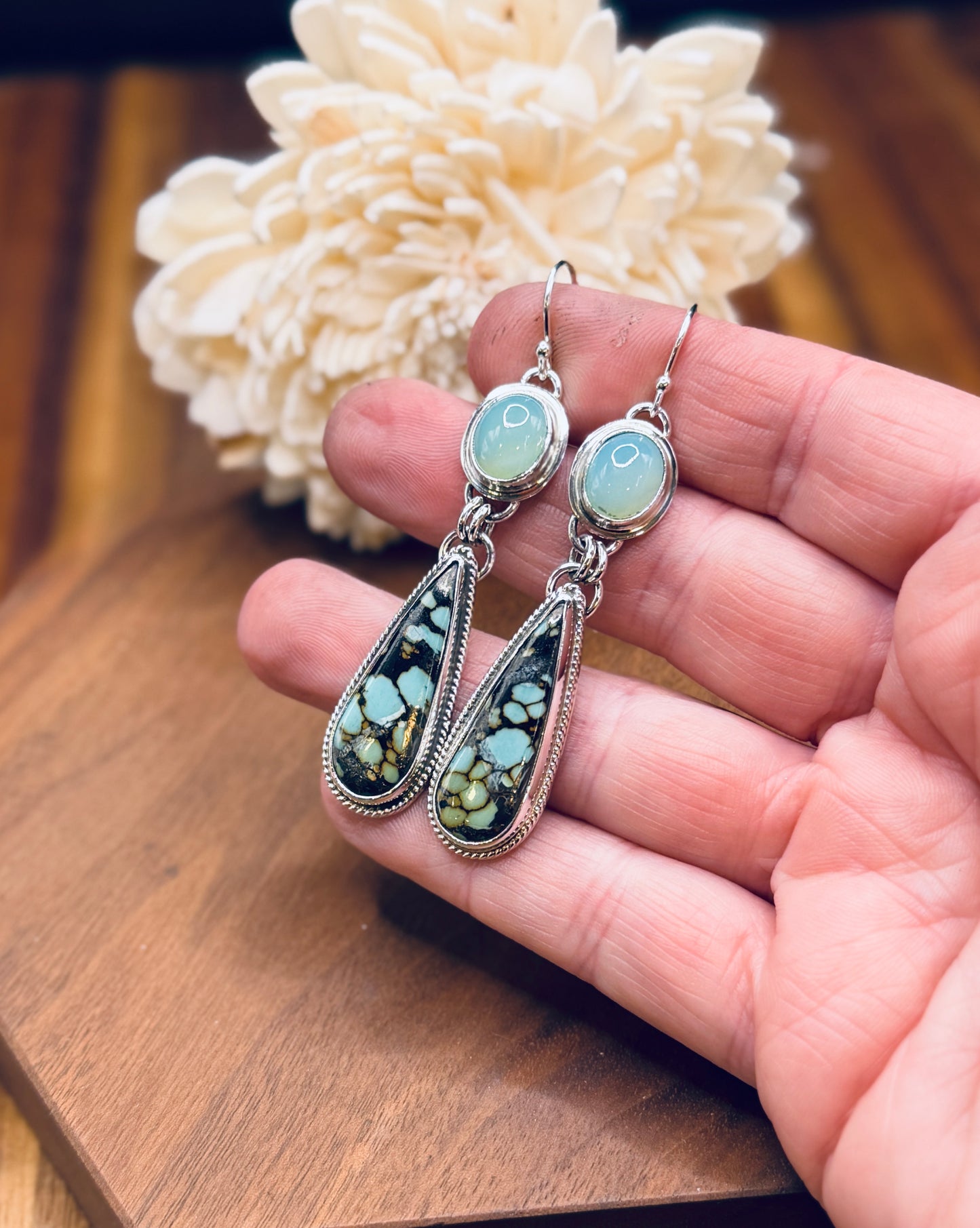 Sterling Silver Hubei Turquoise and Aqua Chalcedony Earrings