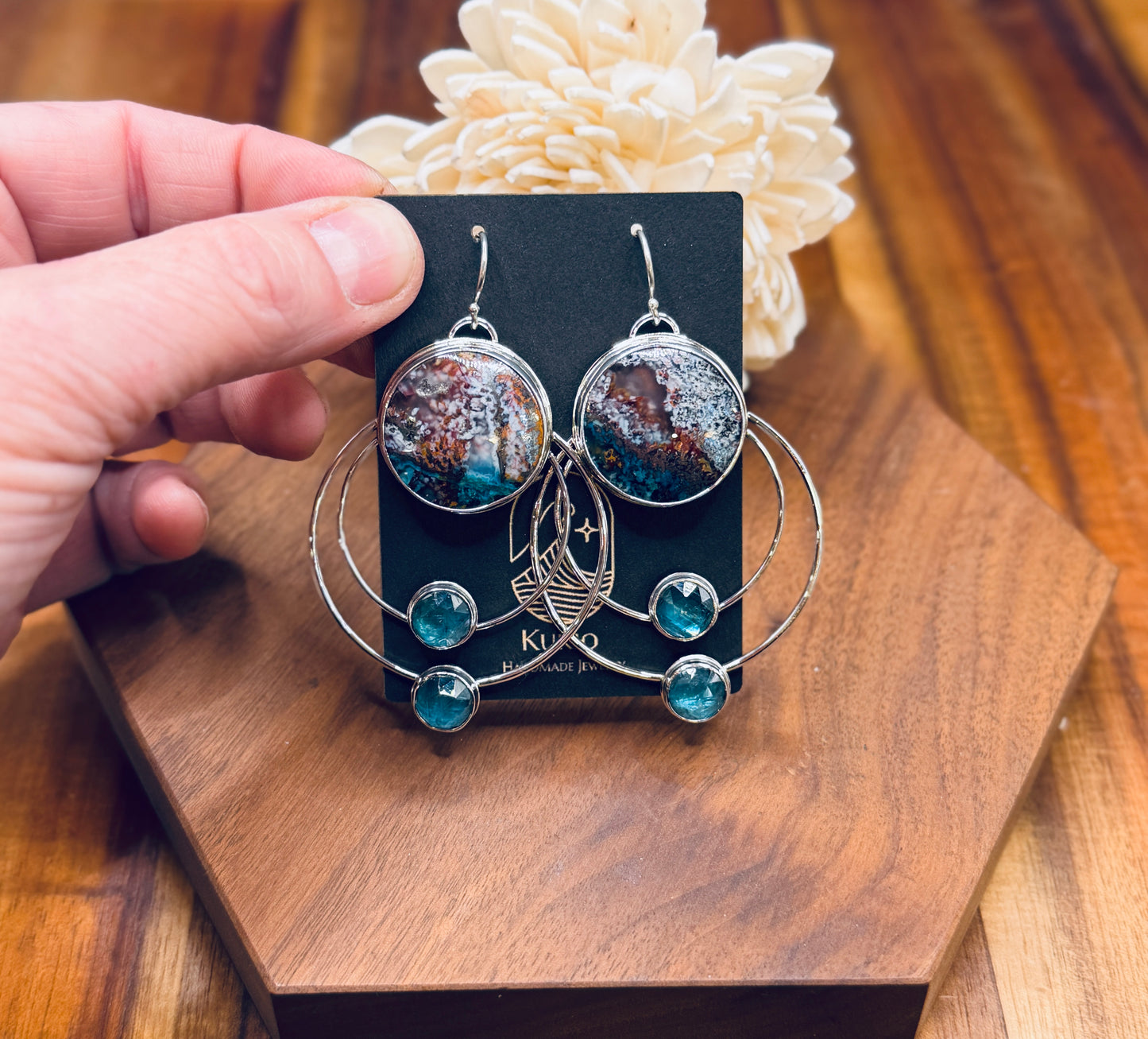 Confetti Chrysocolla and Kyanite Sterling Silver Double Hoop Earrings