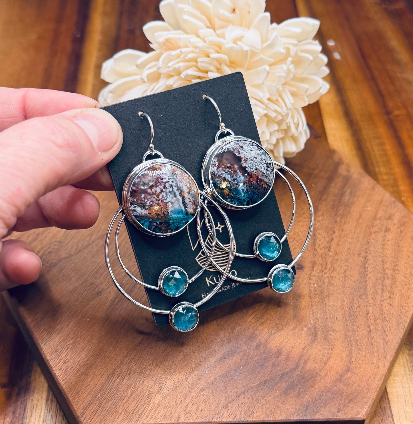 Confetti Chrysocolla and Kyanite Sterling Silver Double Hoop Earrings