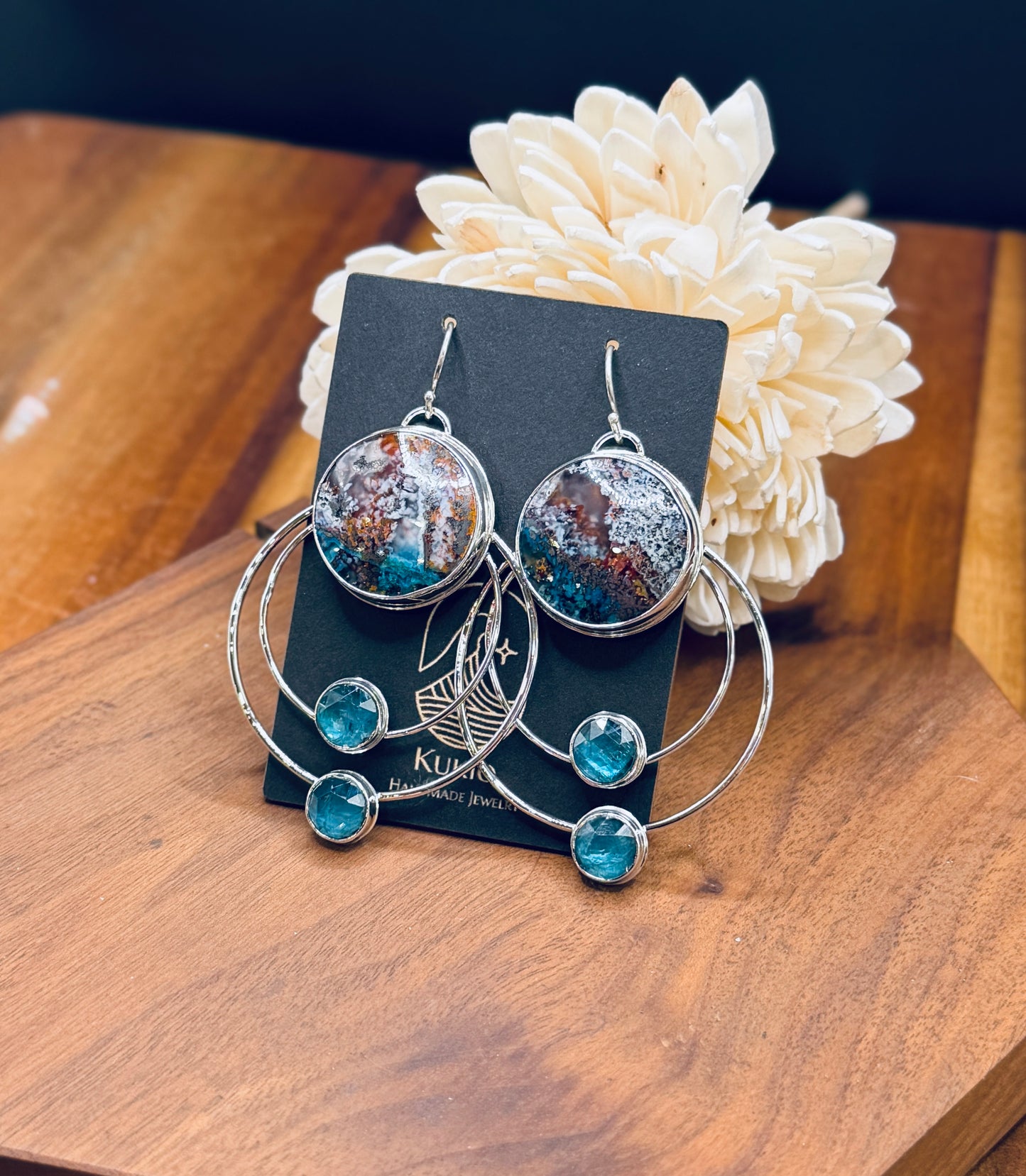 Confetti Chrysocolla and Kyanite Sterling Silver Double Hoop Earrings