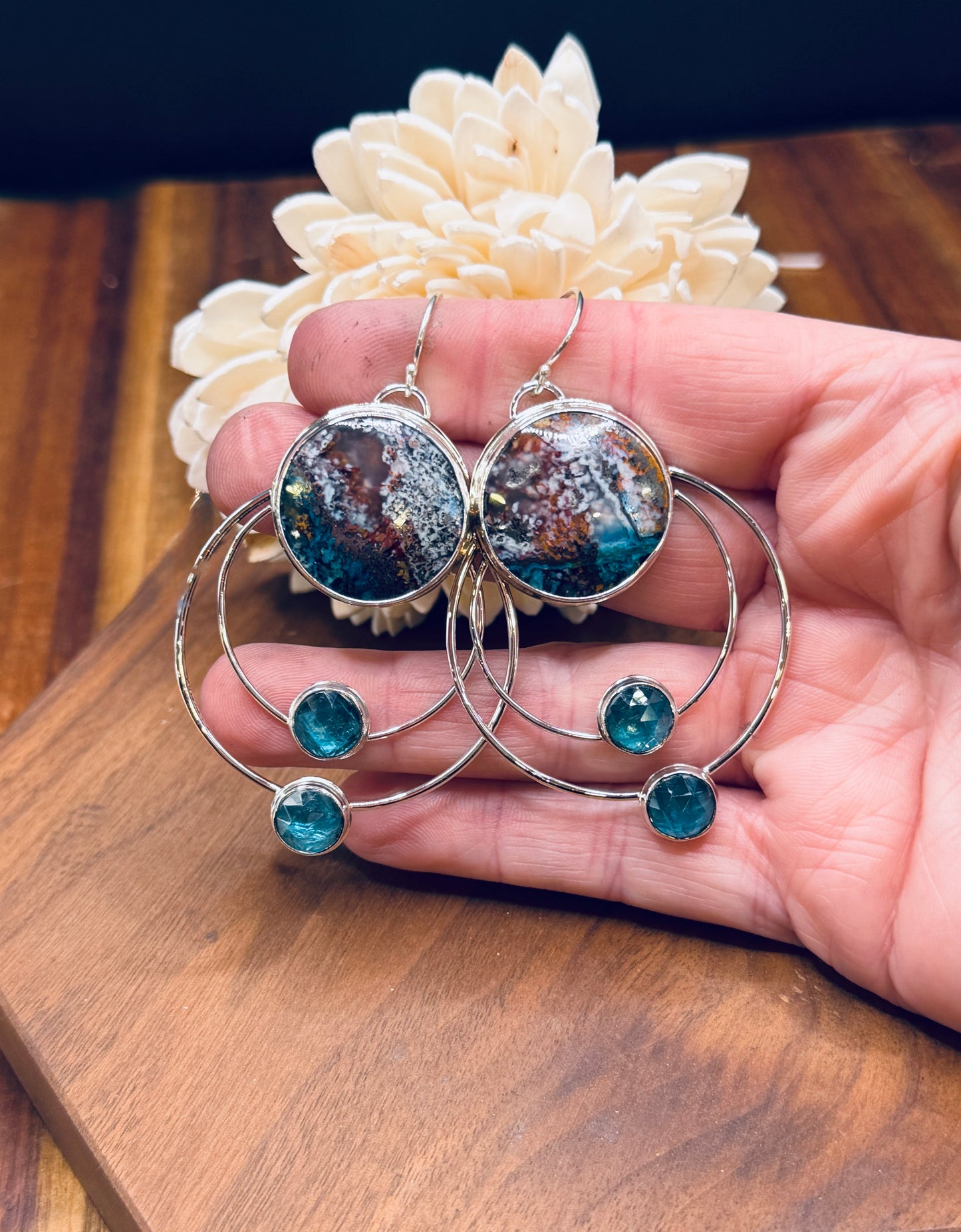Confetti Chrysocolla and Kyanite Sterling Silver Double Hoop Earrings