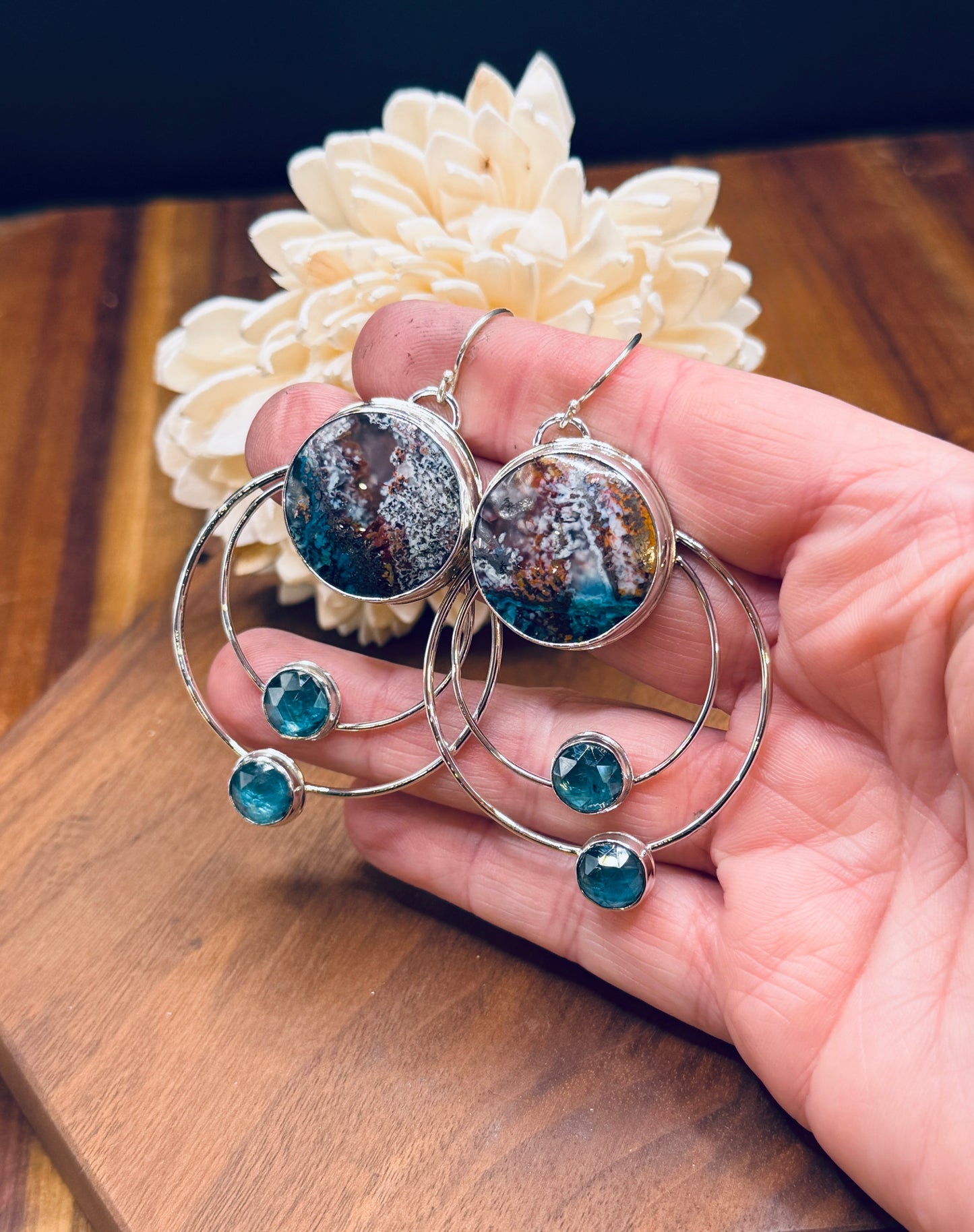 Confetti Chrysocolla and Kyanite Sterling Silver Double Hoop Earrings