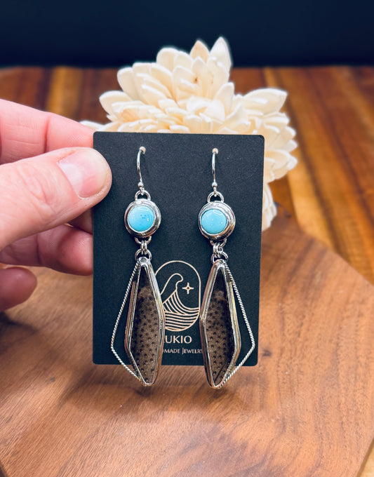 Petrified Wood and Natural Sleeping Beauty Turquoise Sterling Silver Earrings