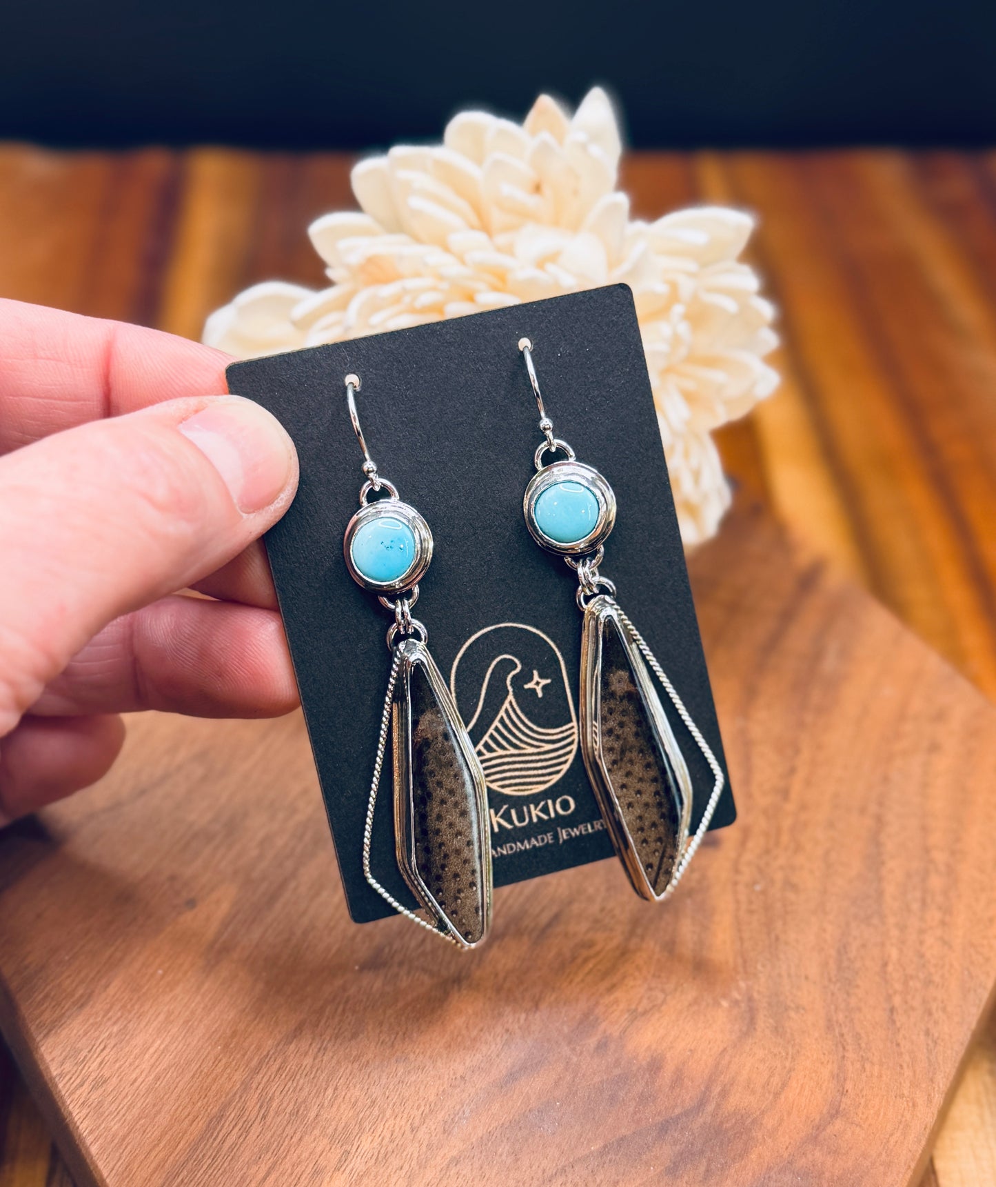 Petrified Wood and Natural Sleeping Beauty Turquoise Sterling Silver Earrings