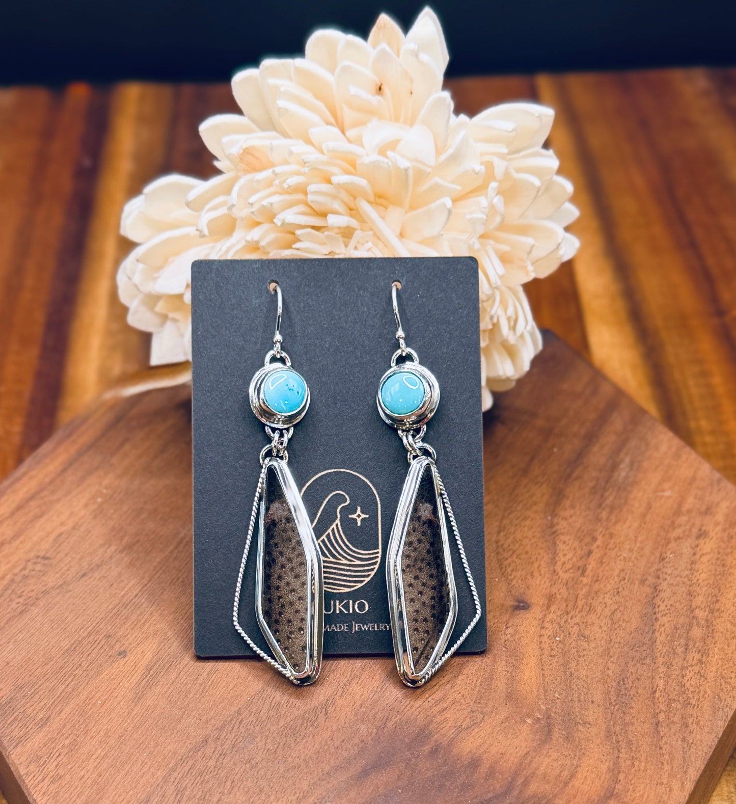 Petrified Wood and Natural Sleeping Beauty Turquoise Sterling Silver Earrings