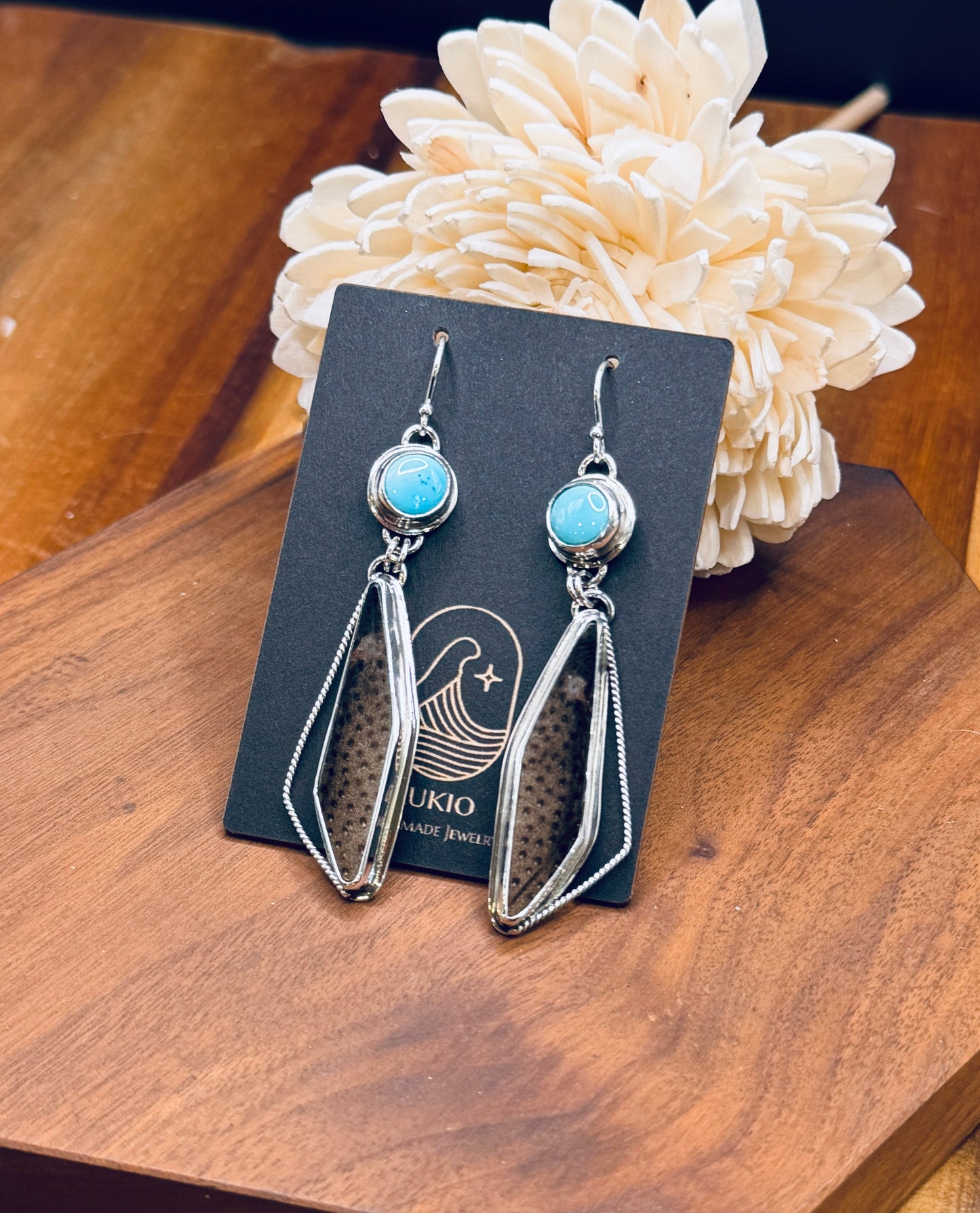 Petrified Wood and Natural Sleeping Beauty Turquoise Sterling Silver Earrings