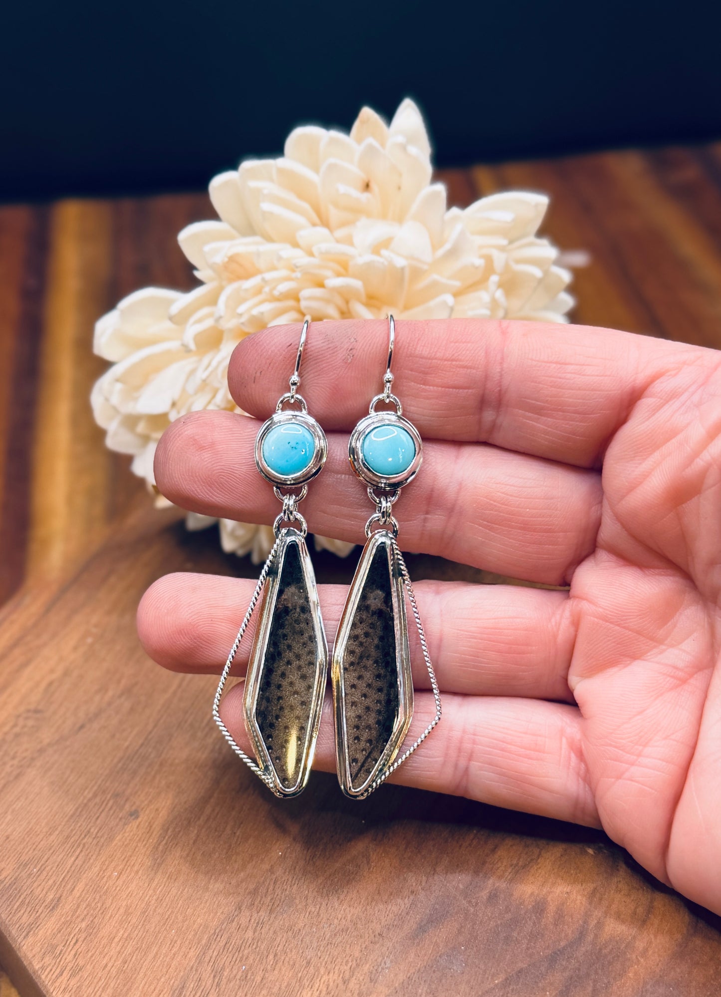 Petrified Wood and Natural Sleeping Beauty Turquoise Sterling Silver Earrings