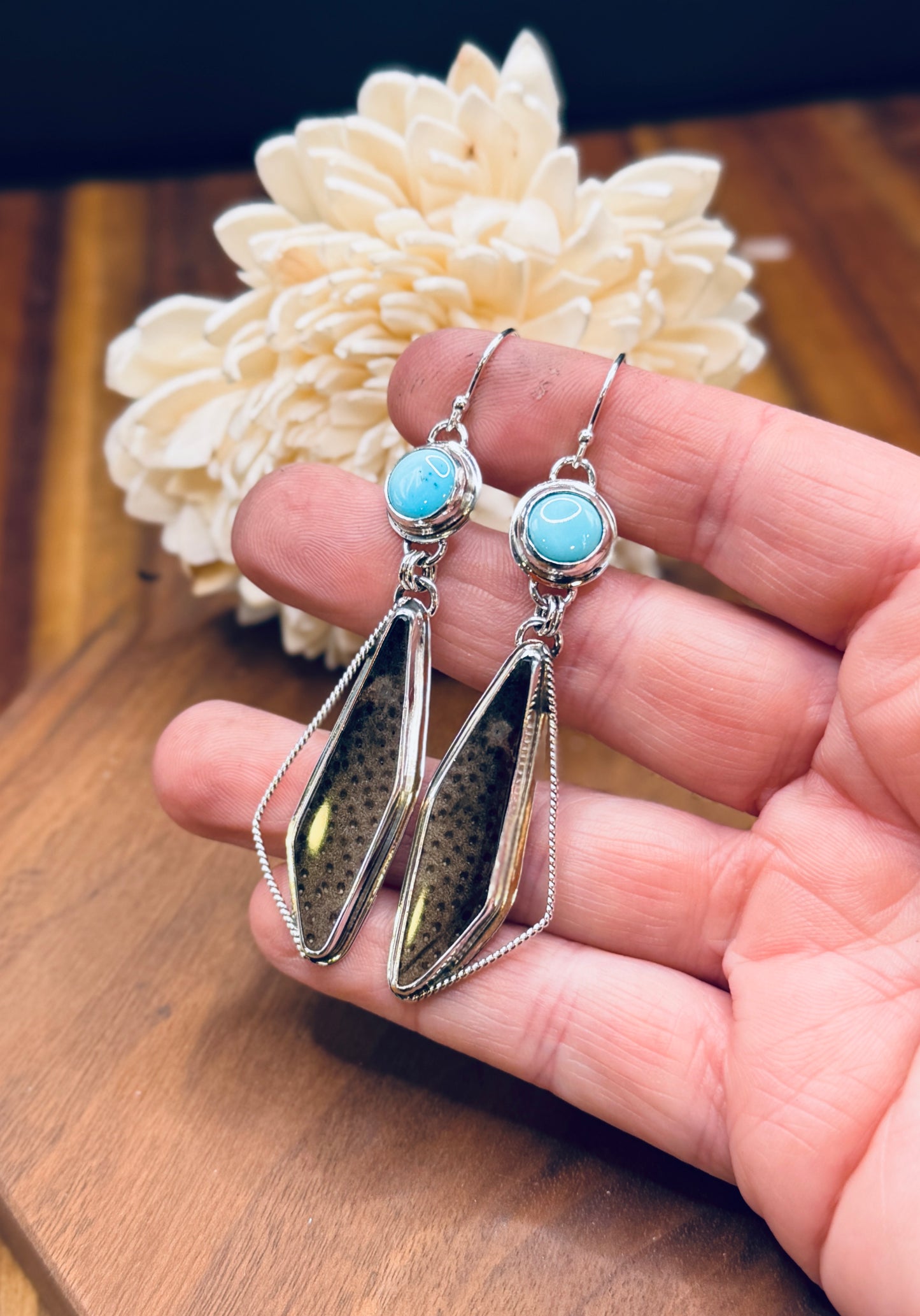 Petrified Wood and Natural Sleeping Beauty Turquoise Sterling Silver Earrings