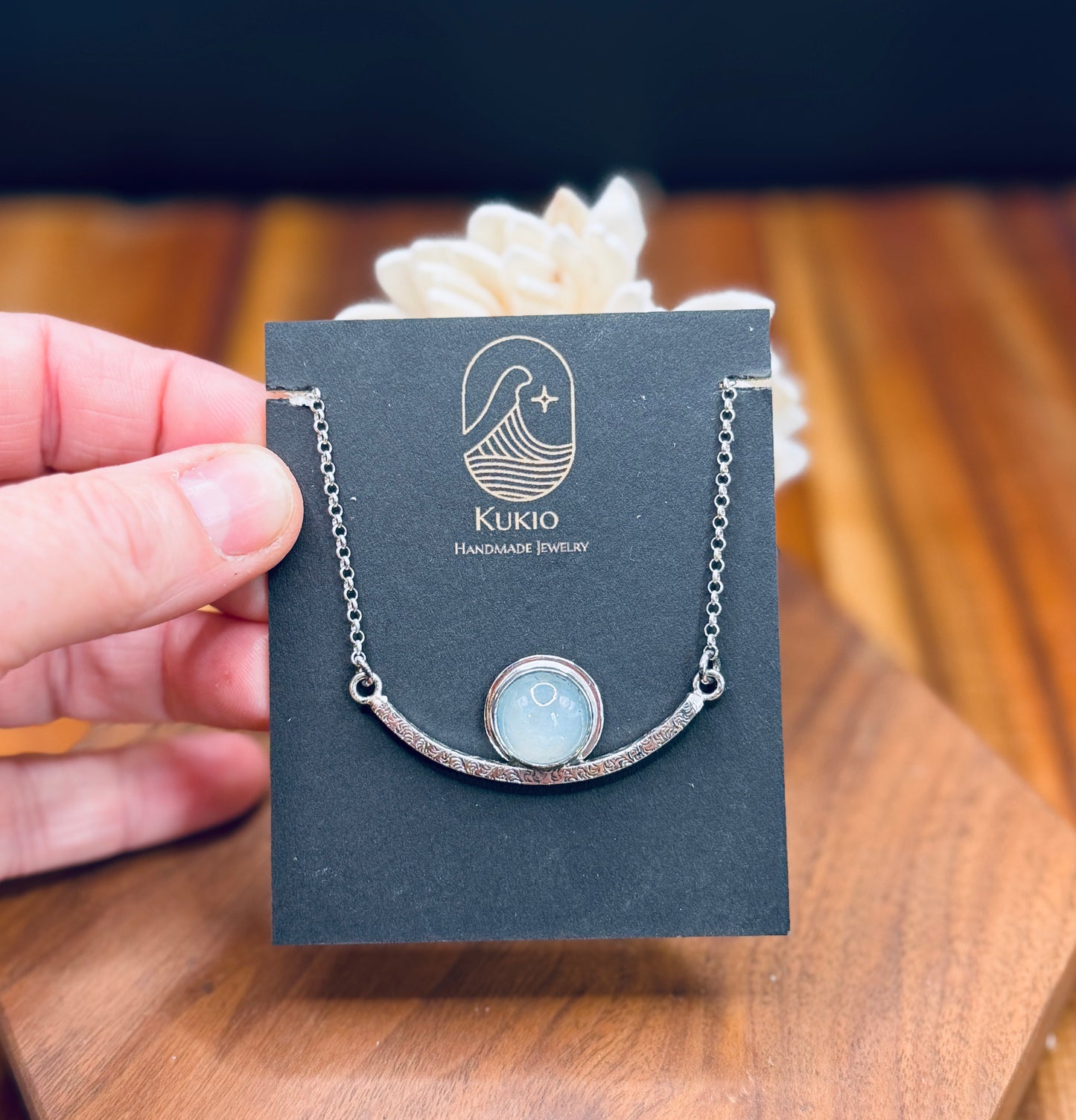 Sterling Silver Patterned Bar Aquamarine Necklace