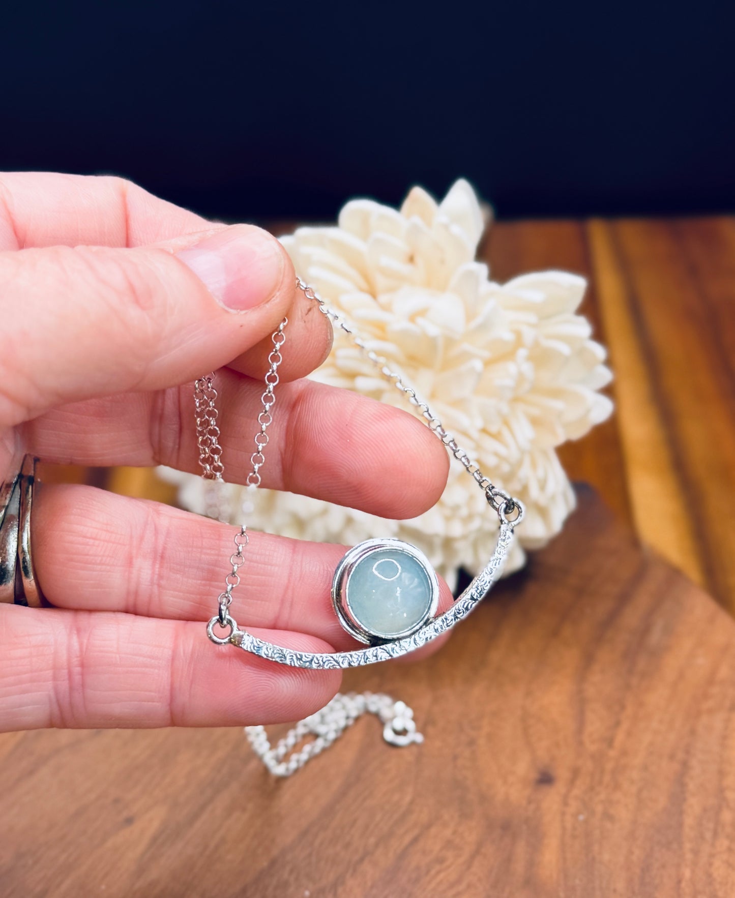 Sterling Silver Patterned Bar Aquamarine Necklace