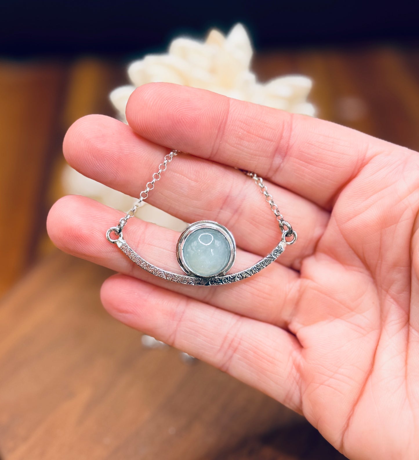 Sterling Silver Patterned Bar Aquamarine Necklace