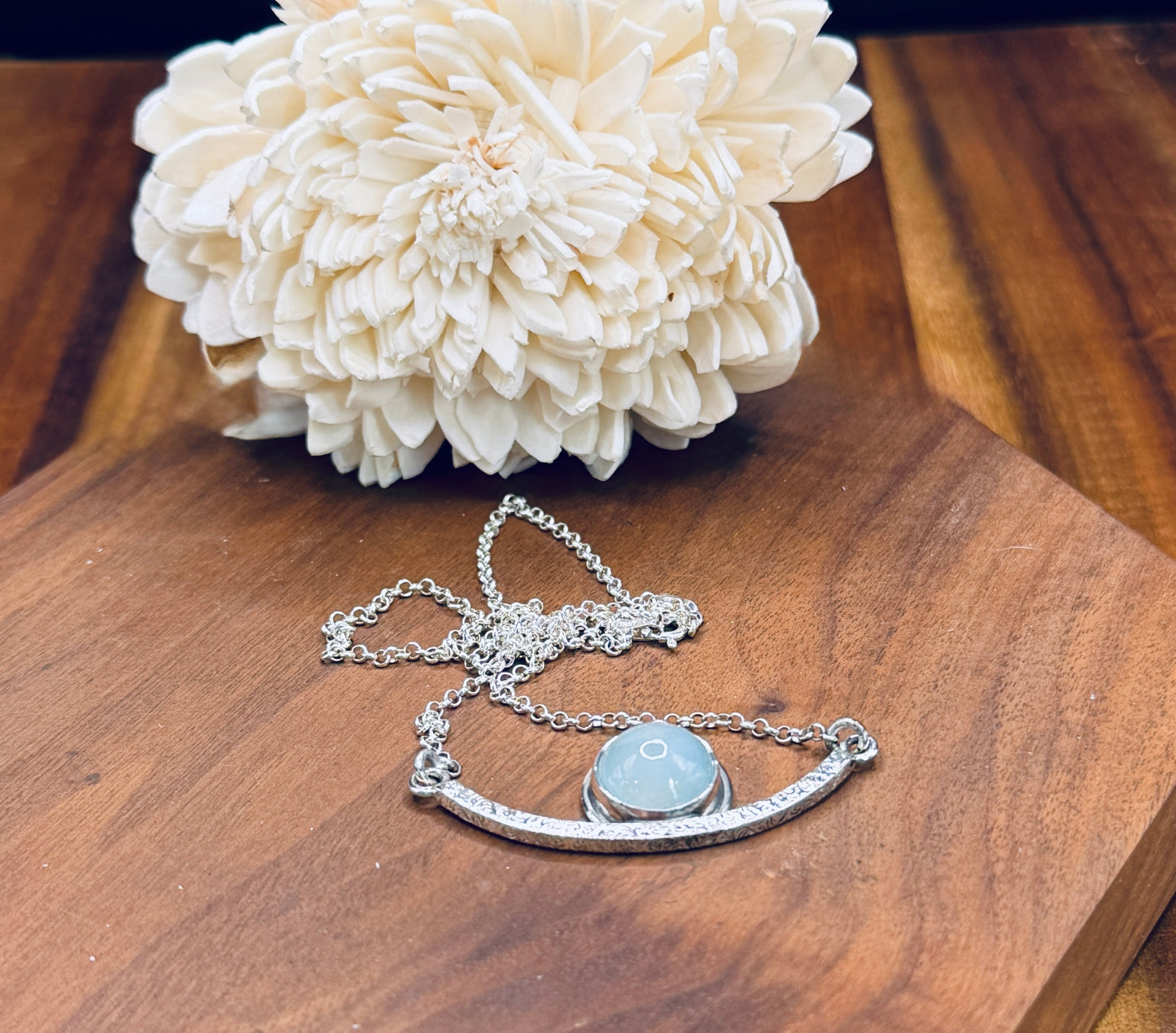 Sterling Silver Patterned Bar Aquamarine Necklace