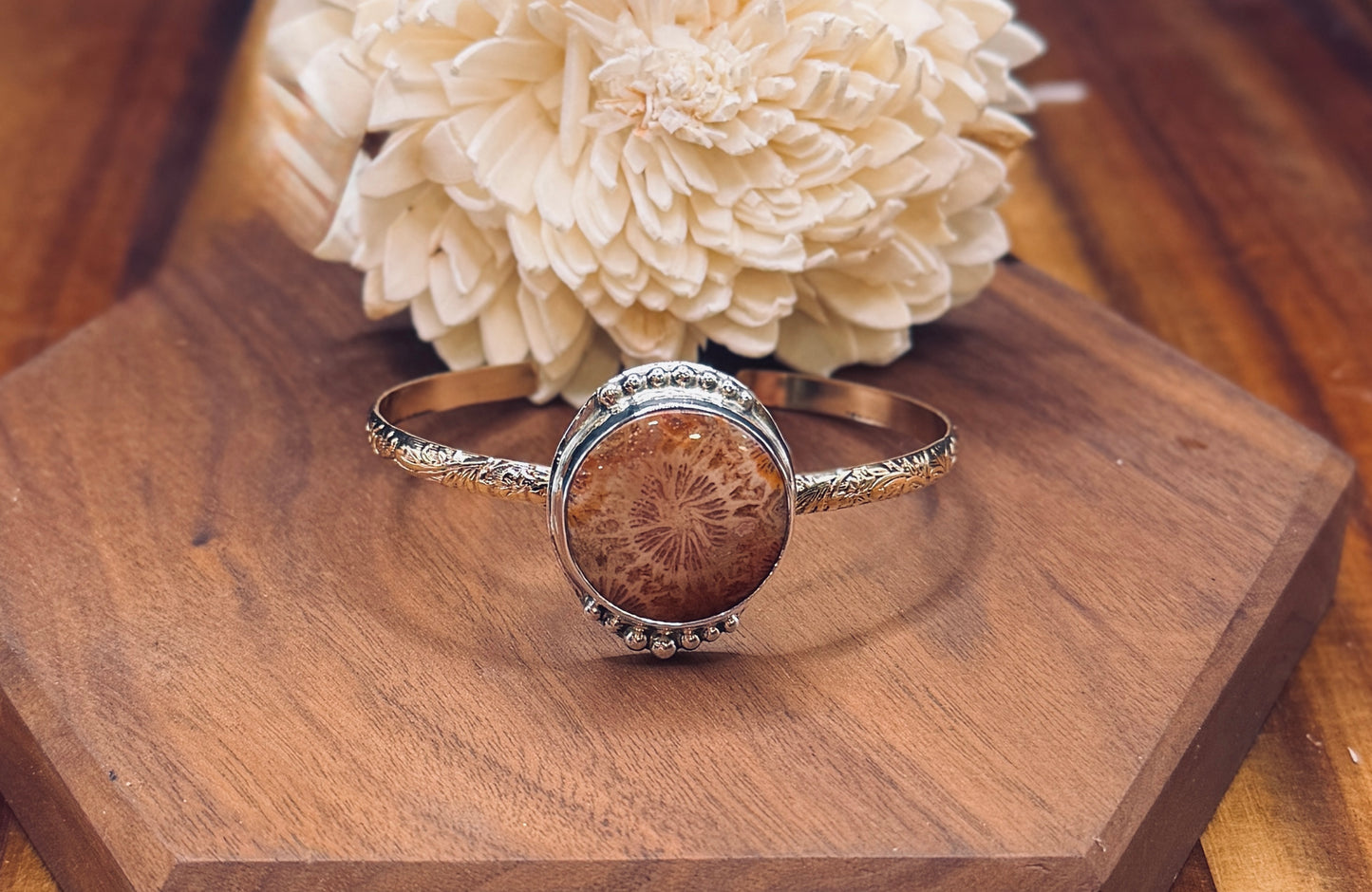 Fossilized Coral Sterling Silver and Gold Fill Cuff