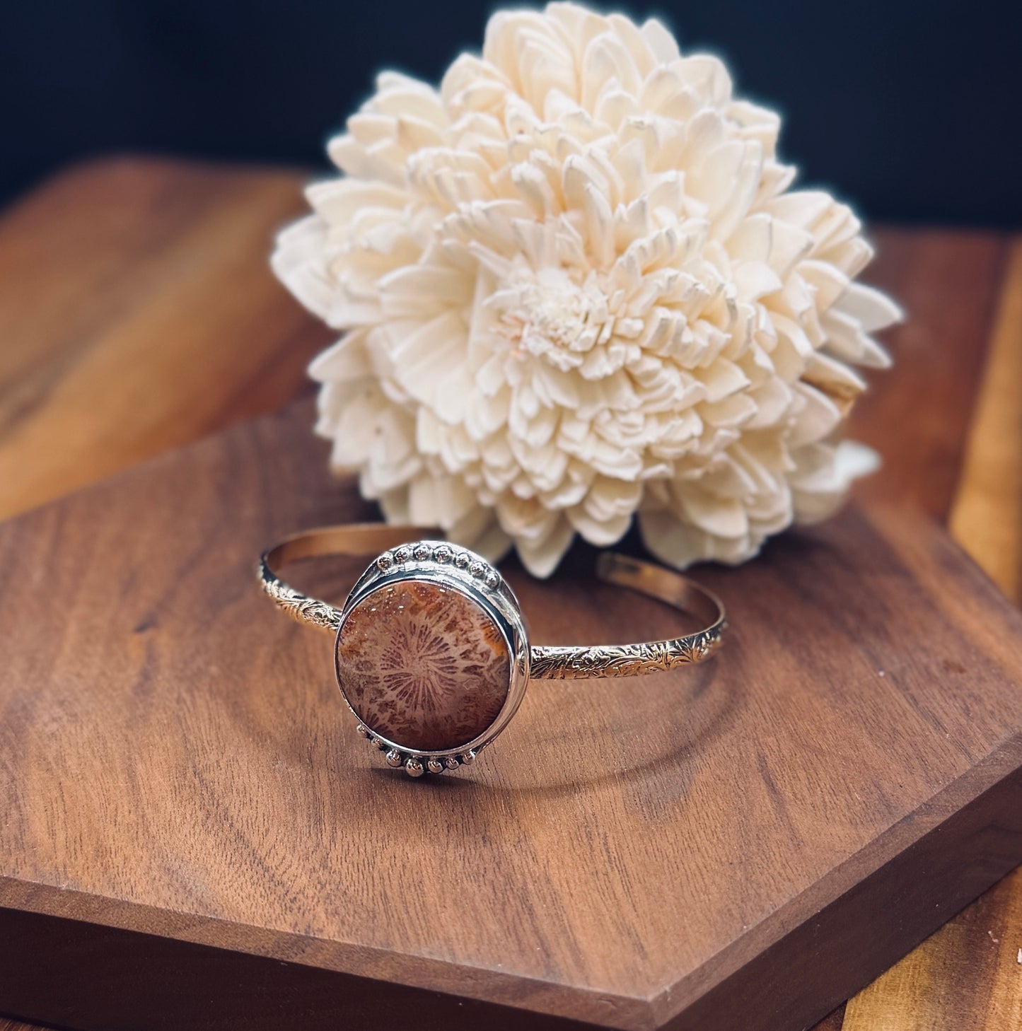 Fossilized Coral Sterling Silver and Gold Fill Cuff