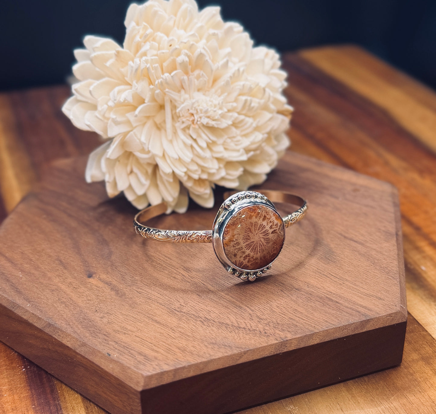 Fossilized Coral Sterling Silver and Gold Fill Cuff
