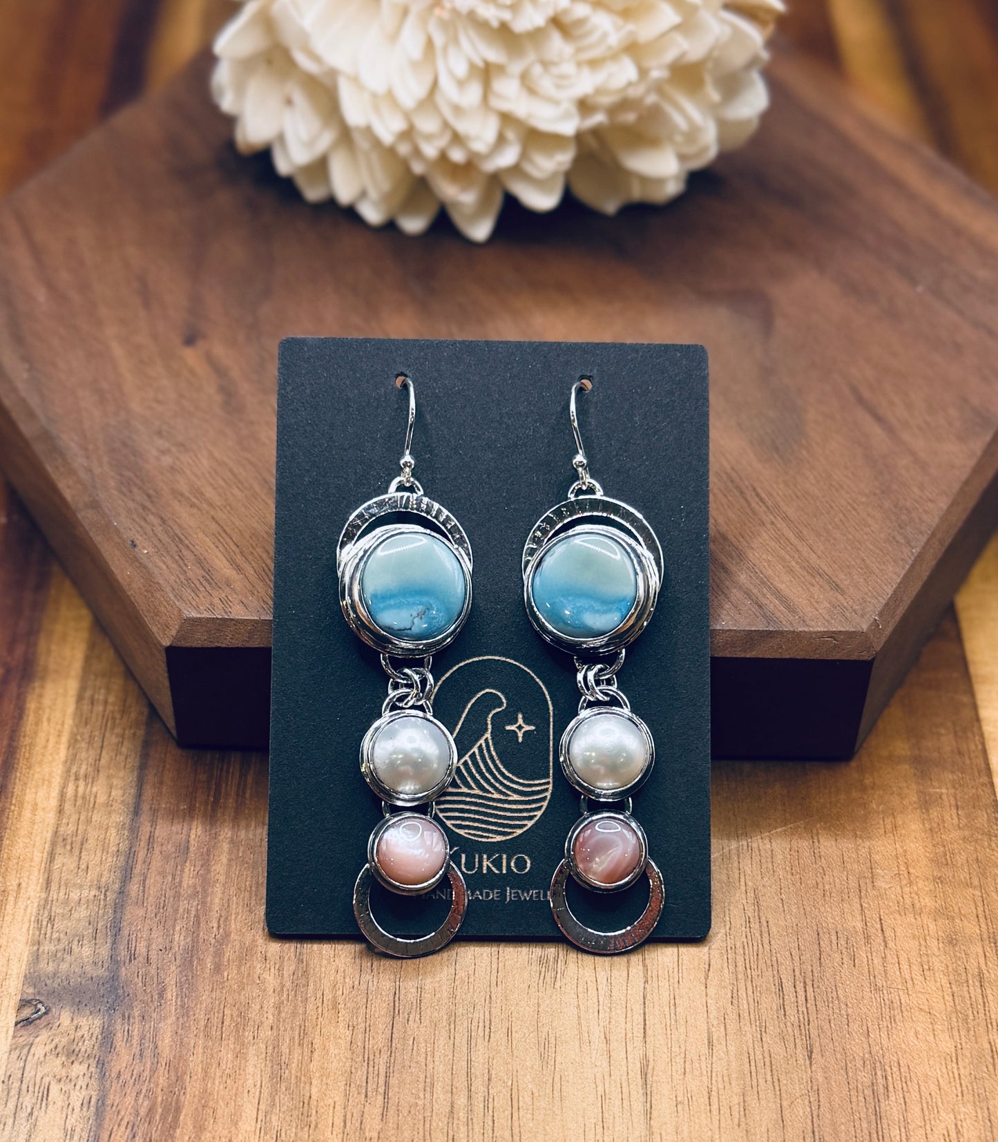 Natural Golden Hills Turuoise with Pearls and Pink Conch Shell Earrings