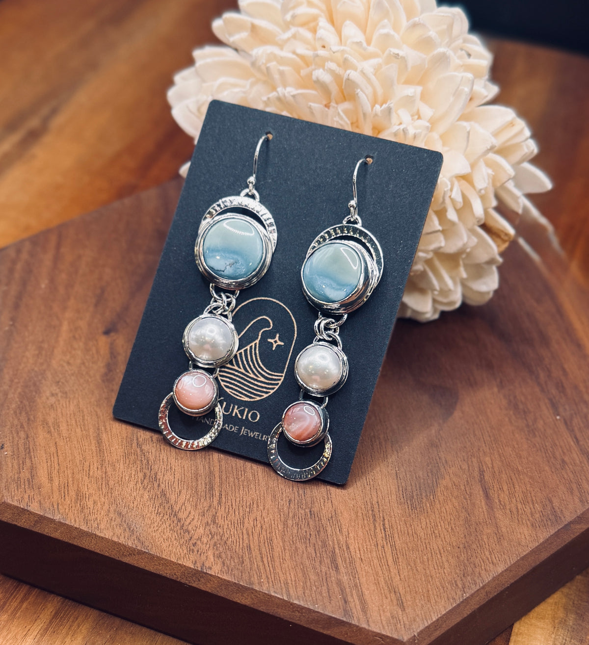 Natural Golden Hills Turuoise with Pearls and Pink Conch Shell Earrings
