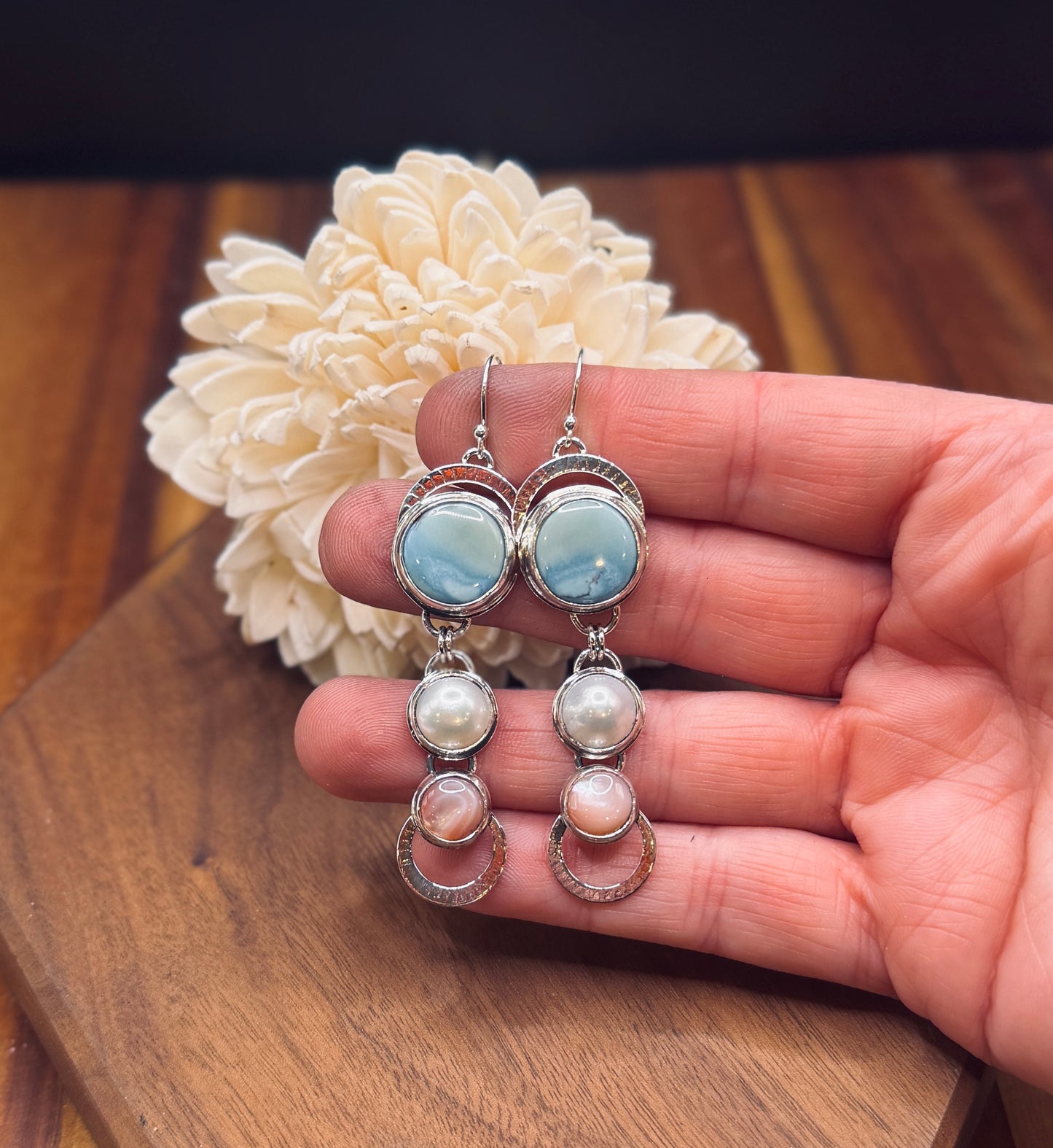 Natural Golden Hills Turuoise with Pearls and Pink Conch Shell Earrings