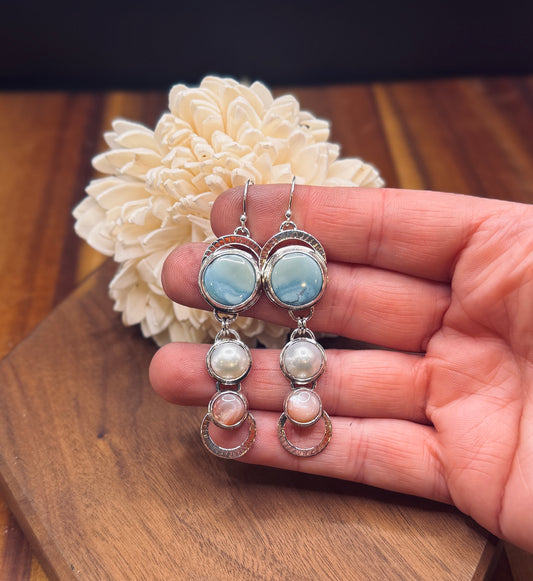 Natural Golden Hills Turuoise with Pearls and Pink Conch Shell Earrings