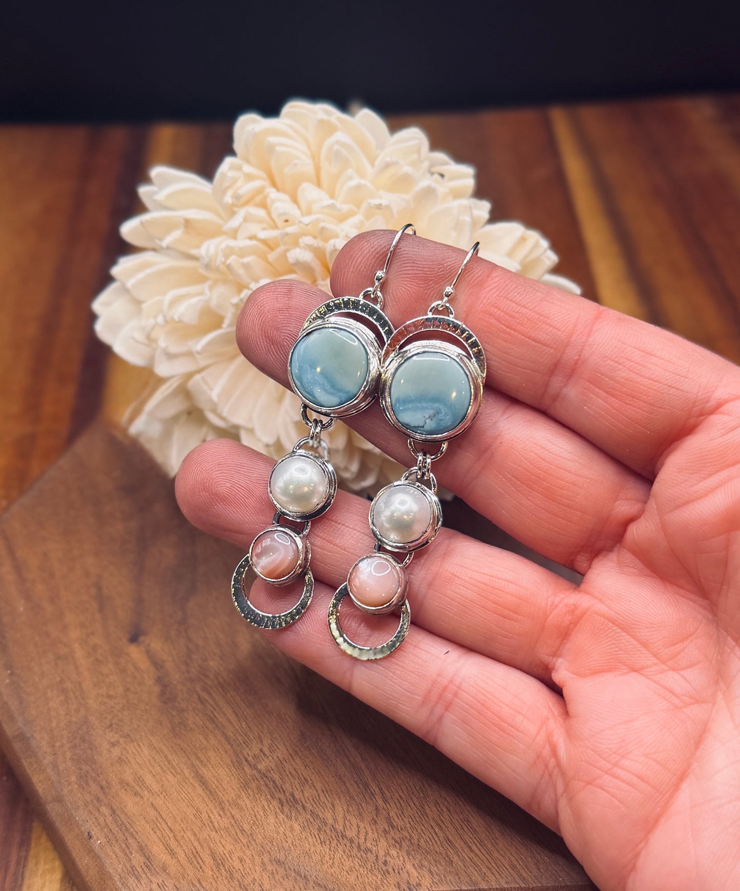 Natural Golden Hills Turuoise with Pearls and Pink Conch Shell Earrings