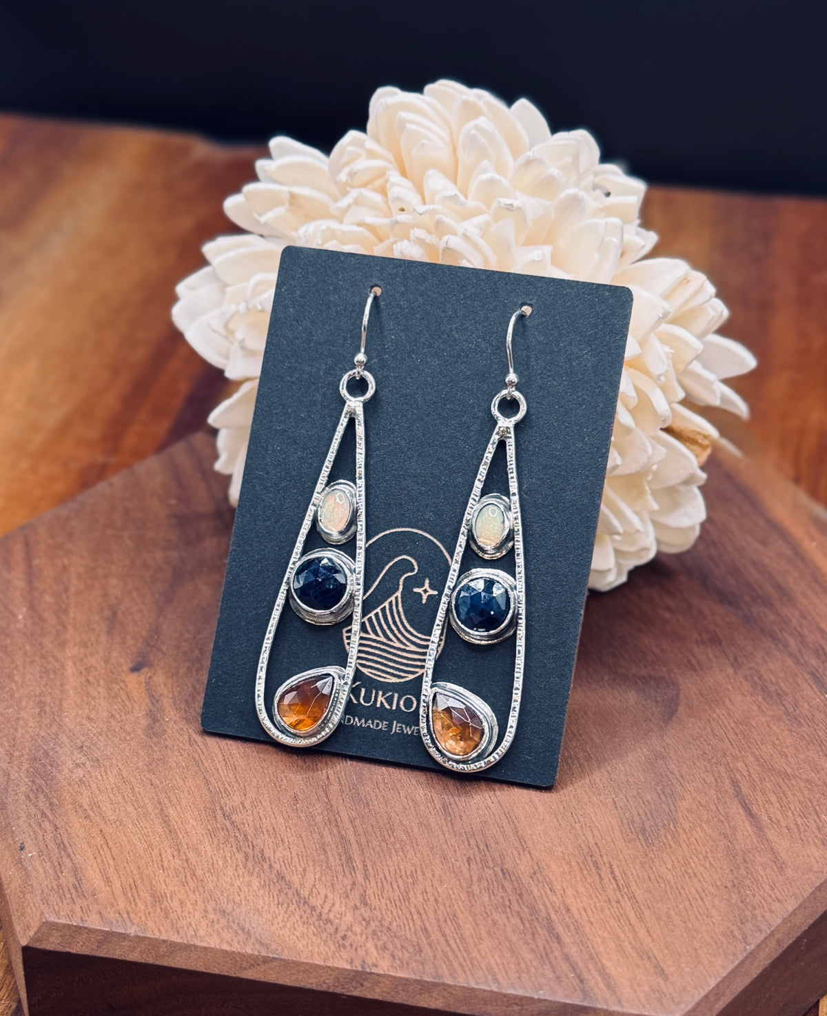 Imperial Topaz, Blue Sapphire and Opal Sterling Silver Teardrop Earrings