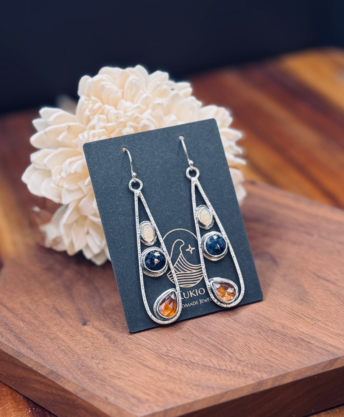 Imperial Topaz, Blue Sapphire and Opal Sterling Silver Teardrop Earrings