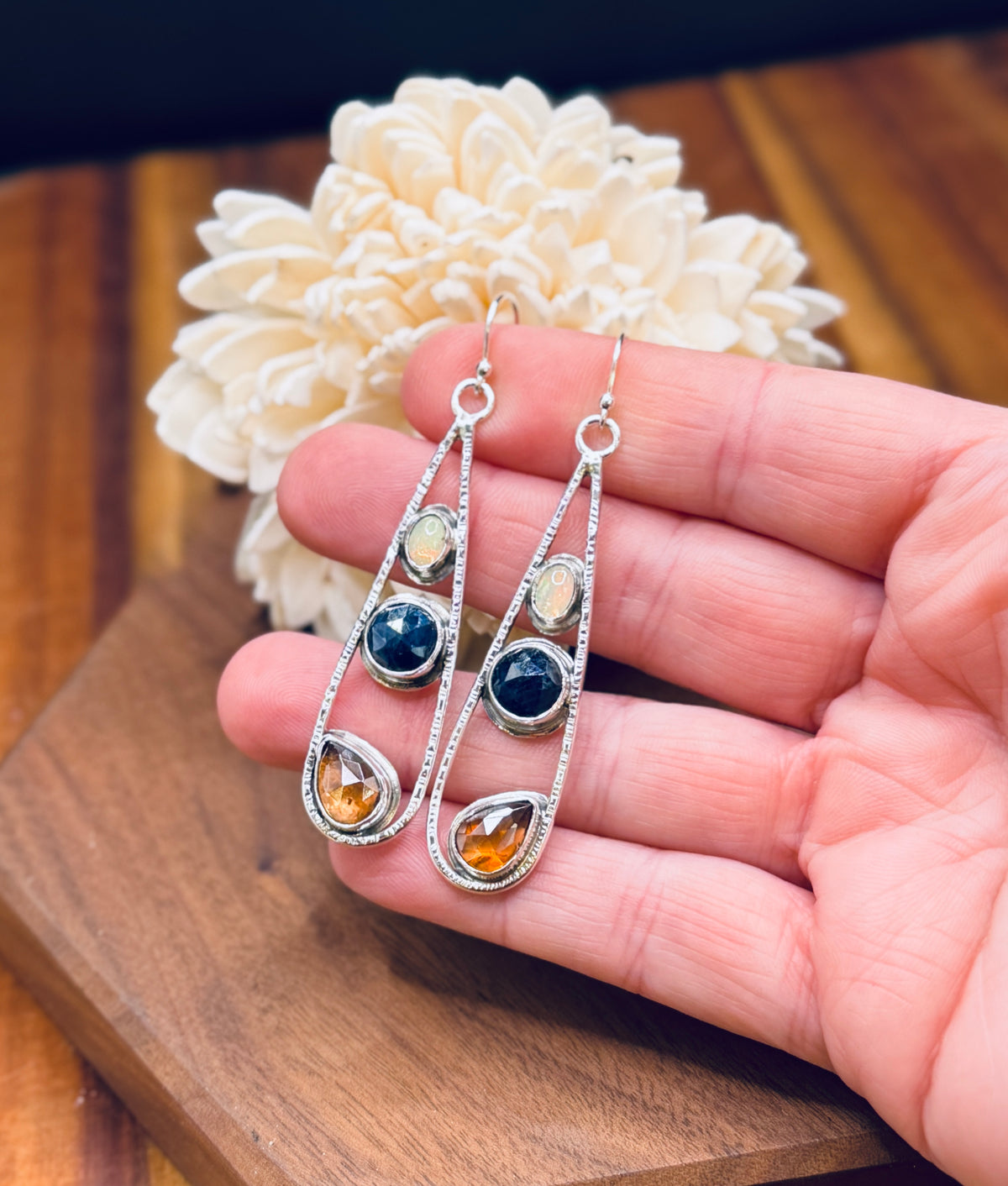 Imperial Topaz, Blue Sapphire and Opal Sterling Silver Teardrop Earrings