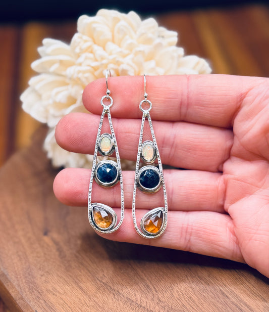 Imperial Topaz, Blue Sapphire and Opal Sterling Silver Teardrop Earrings