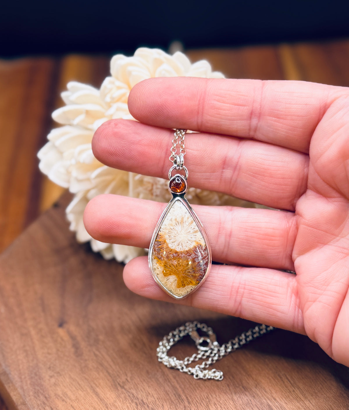 Sterling Silver Fossilized Coral and Hessonite Garnet Pendant