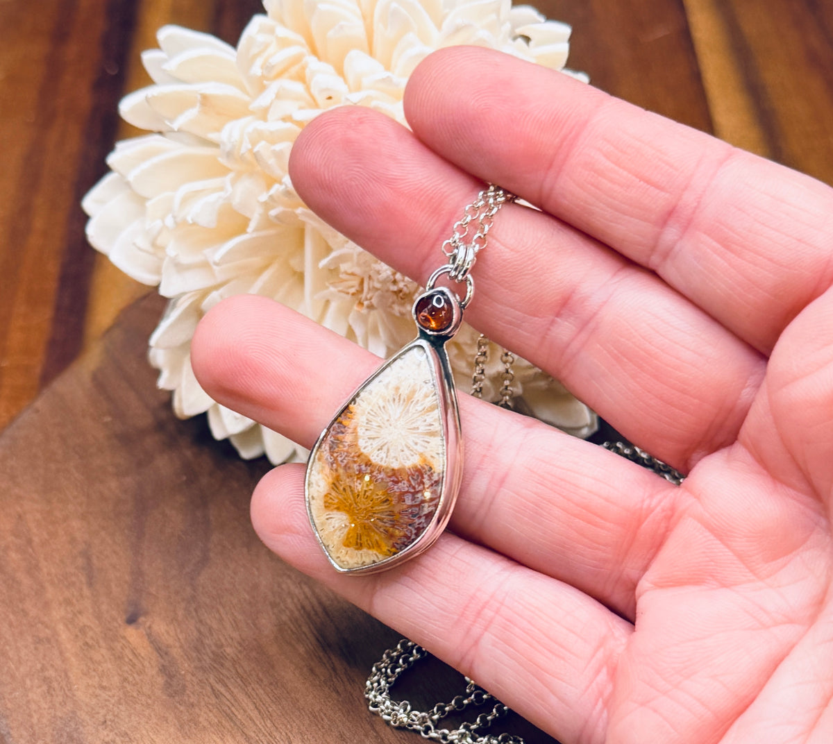 Sterling Silver Fossilized Coral and Hessonite Garnet Pendant